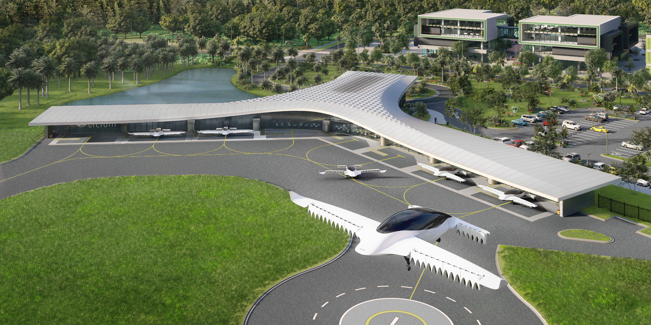 Lilium is planning a network of eVTOL aircraft flights operating from new vertiports such as this design for the Orlando area's Lake Nona community. (Image: Lilium)