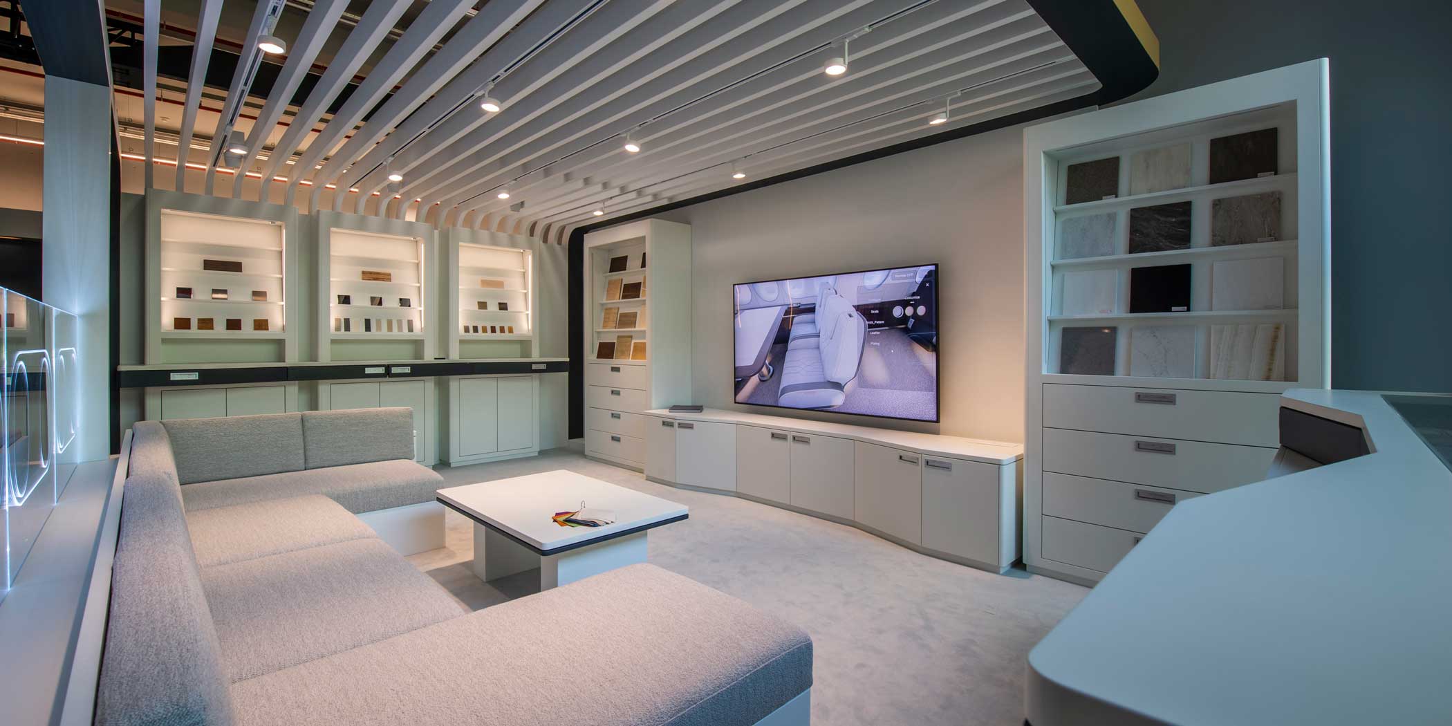 After choosing the configuration of their interior, ACJ TwoTwenty buyers select materials and colors as part of their visit to the Airbus creative studio in Toulouse, France. 