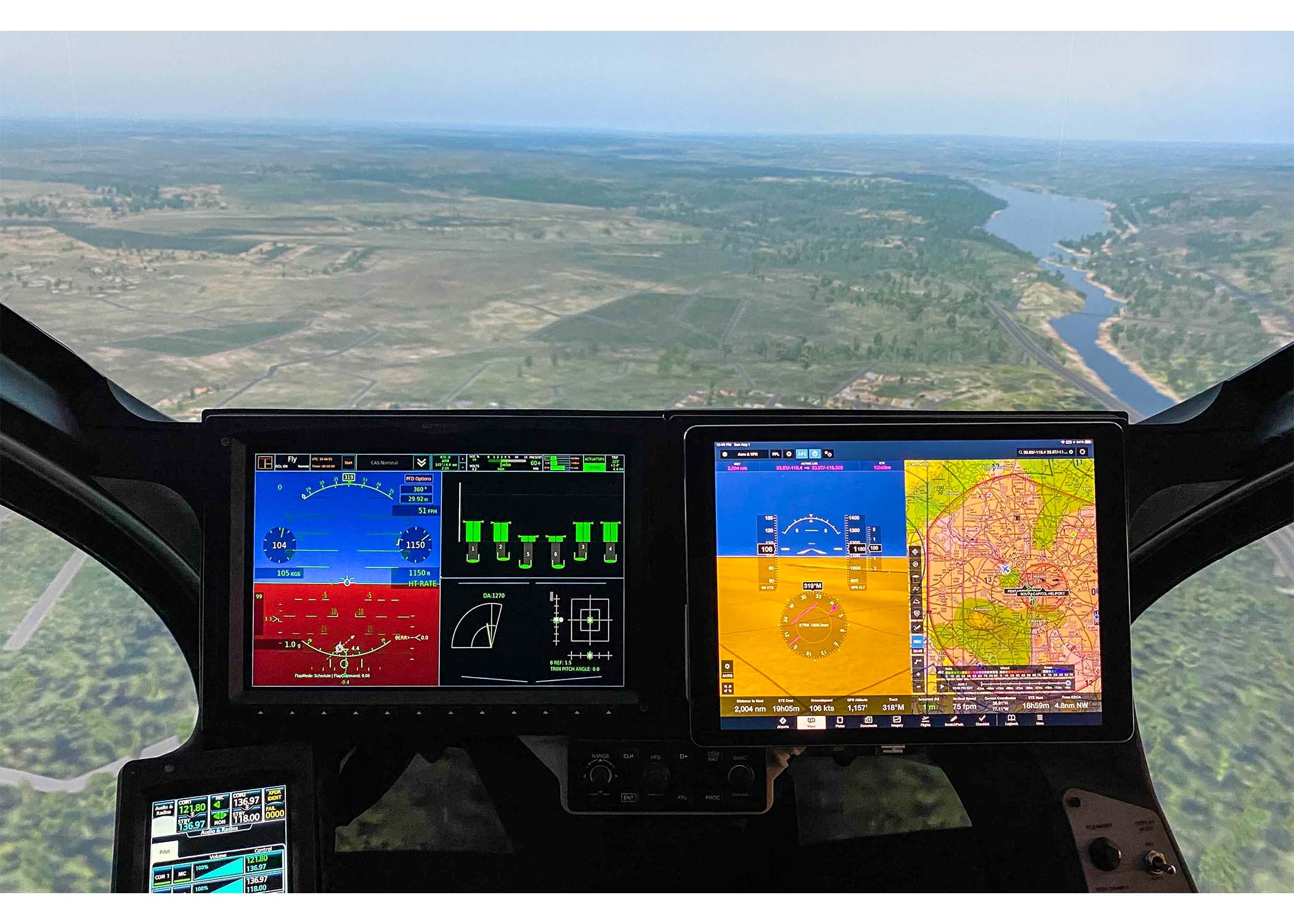 The flight deck of Joby's fixed-based eVTOL aircraft flight simulator.