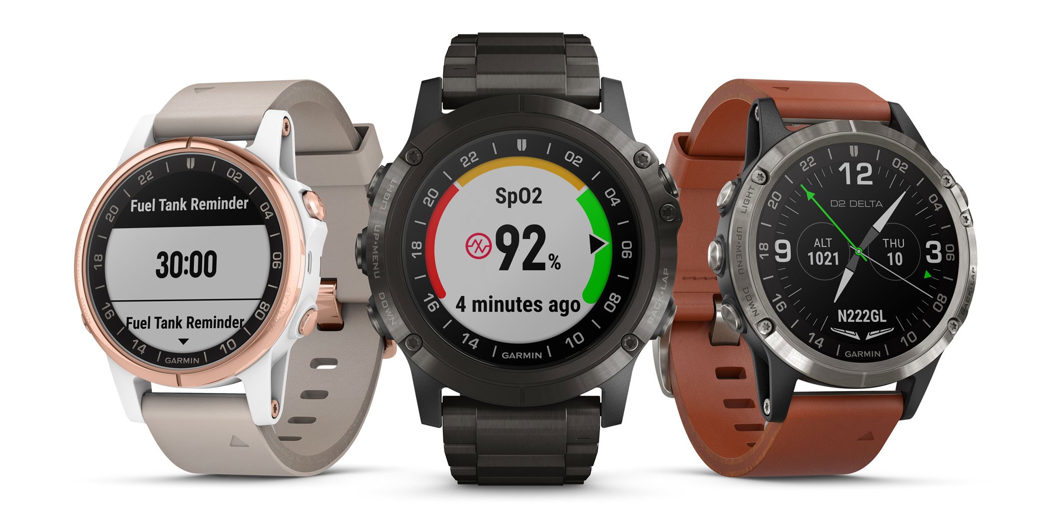 The Delta PX (center) shows the wearer’s oxygen saturation level.