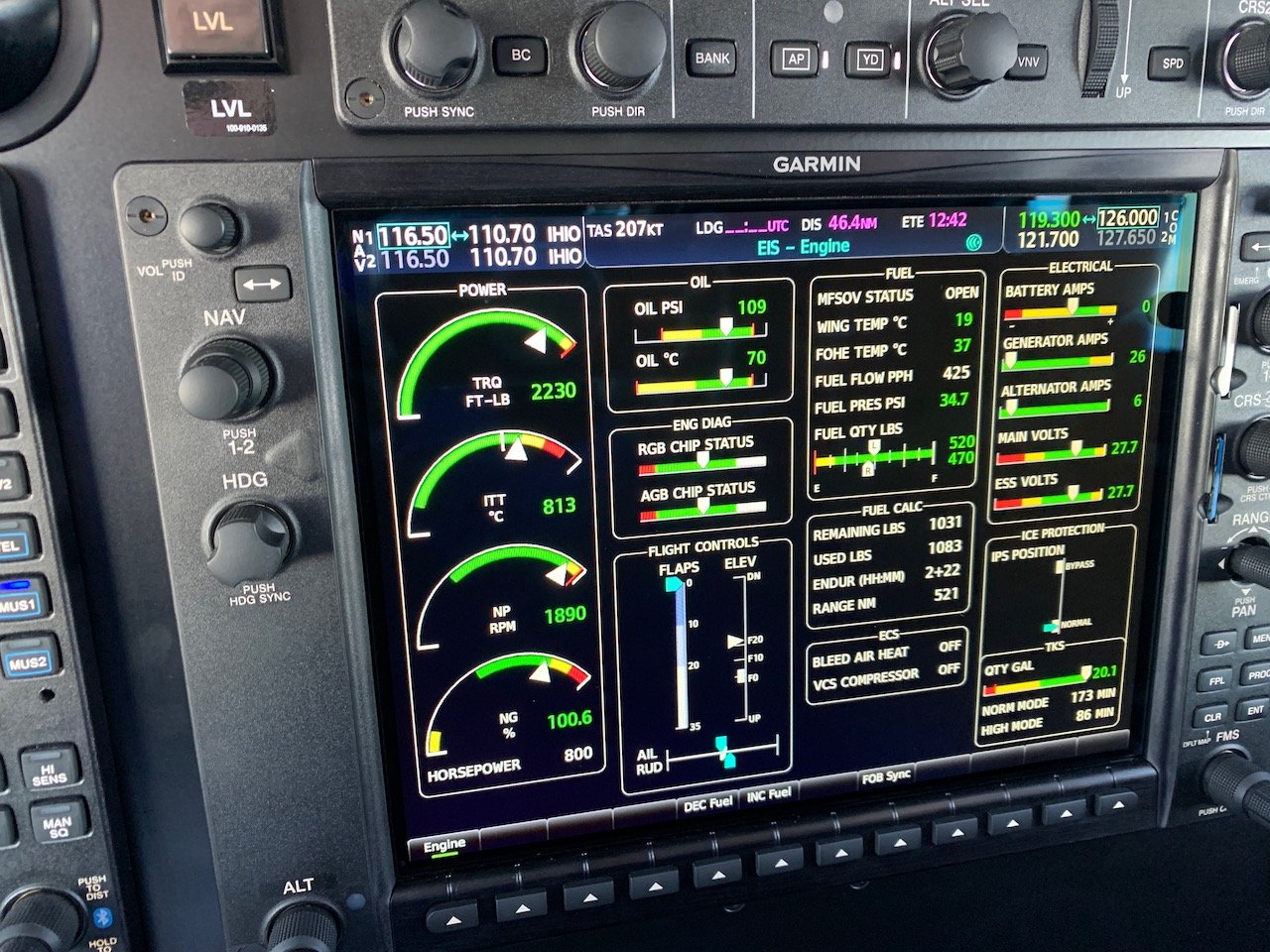 Garmin G1000 avionics engine page Kodiak 900 airplane