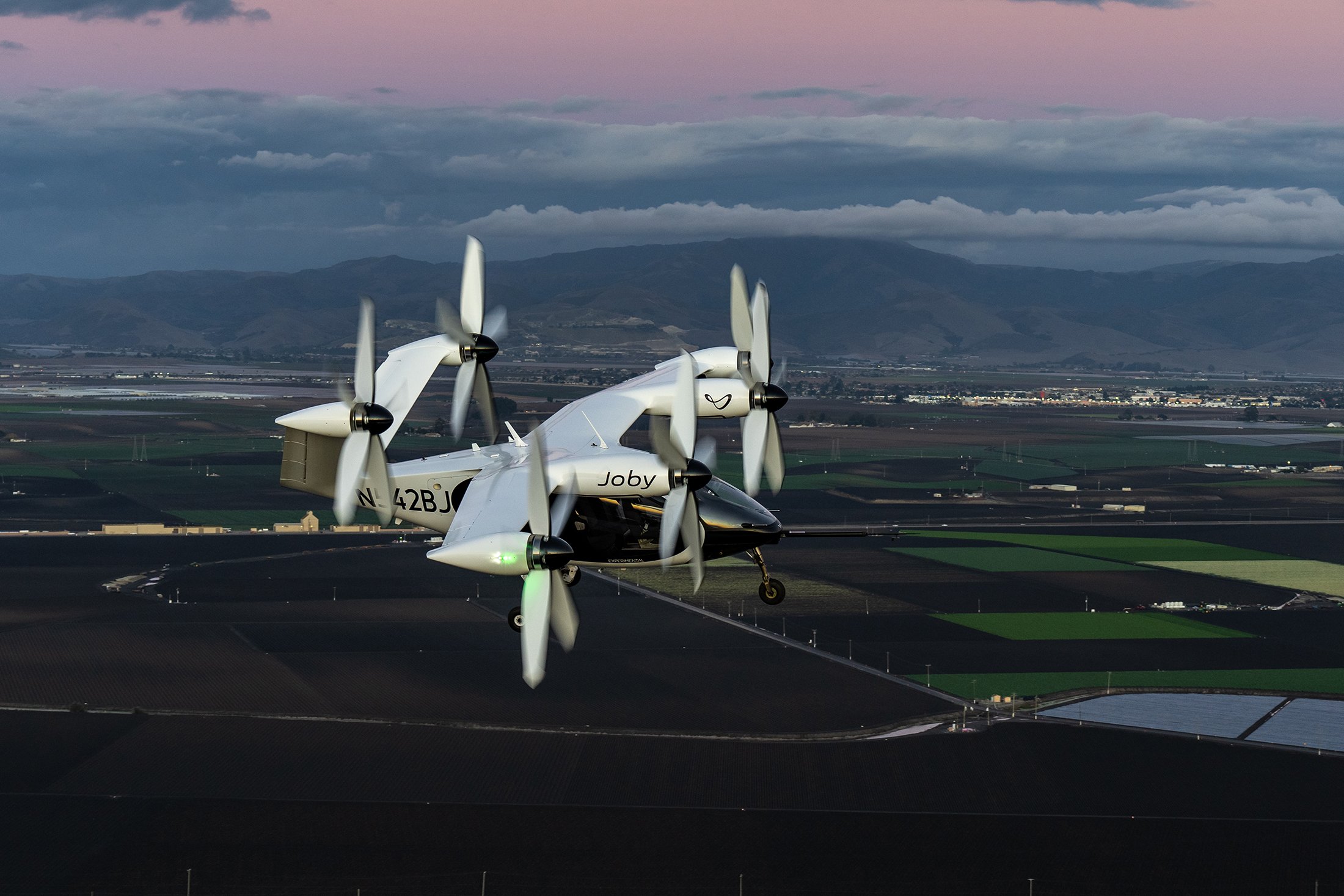 Joby's eVTOL aircraft prototype is pictured during a flight above Marina, California