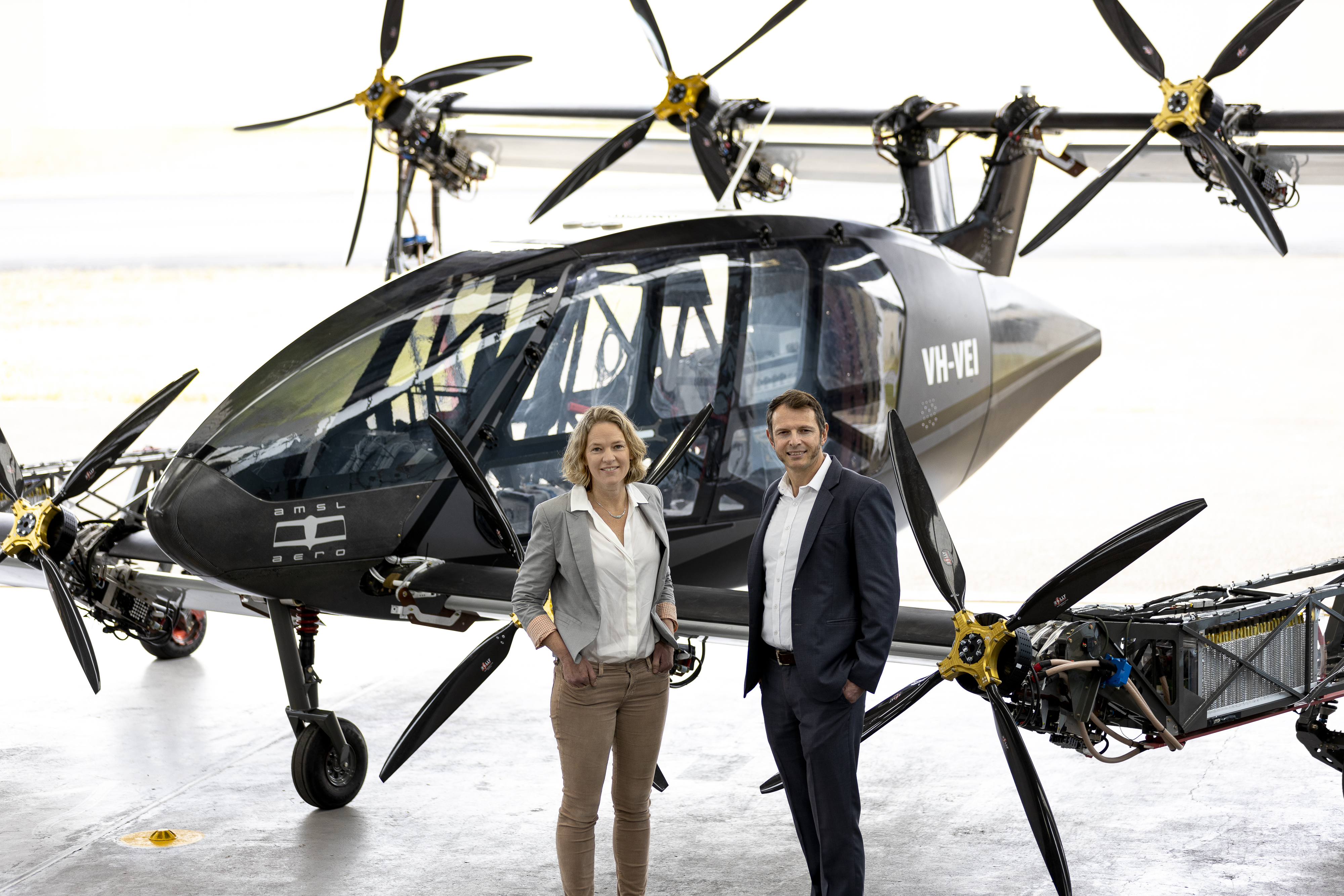 AMSL founders  Siobhan Lyndon and Andrew Moore with the first prototype of their Vertiia eVTOL aircraft.