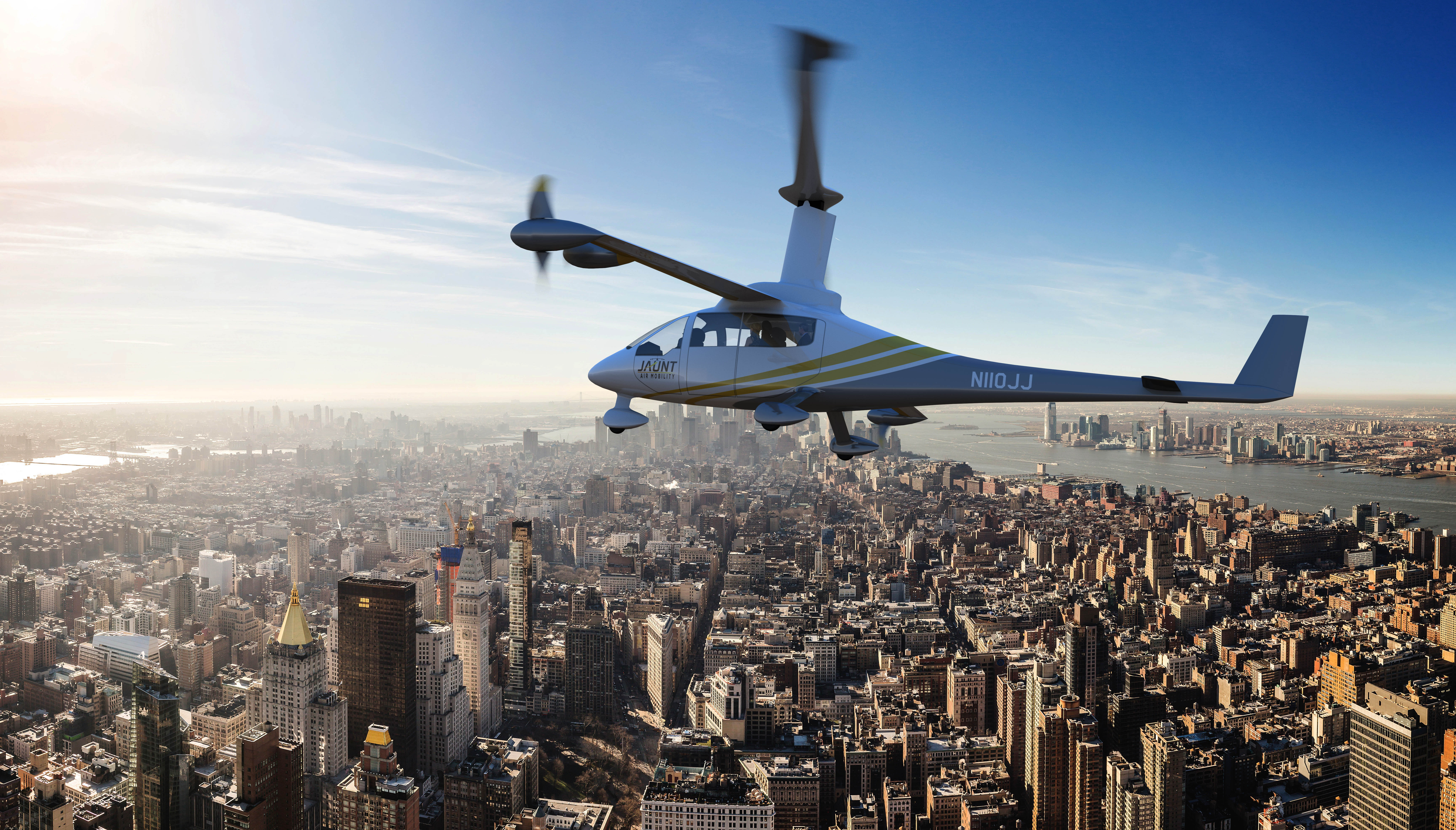 Jaunt's Journey eVTOL aircraft operating over a city center.