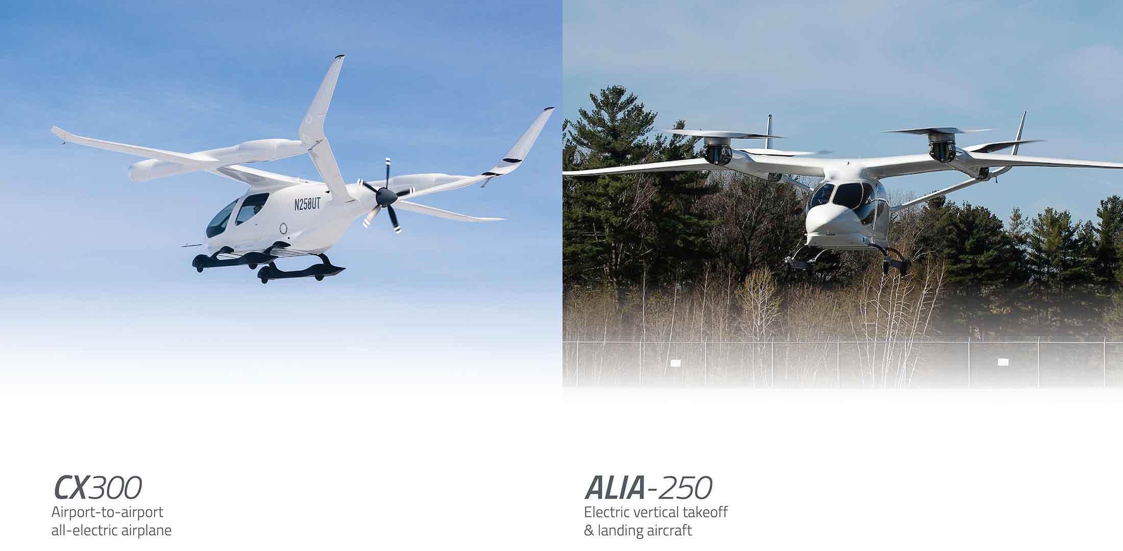 Beta's CX300 eCTOL and Alia-250 eVTOL aircraft are pictured side by side