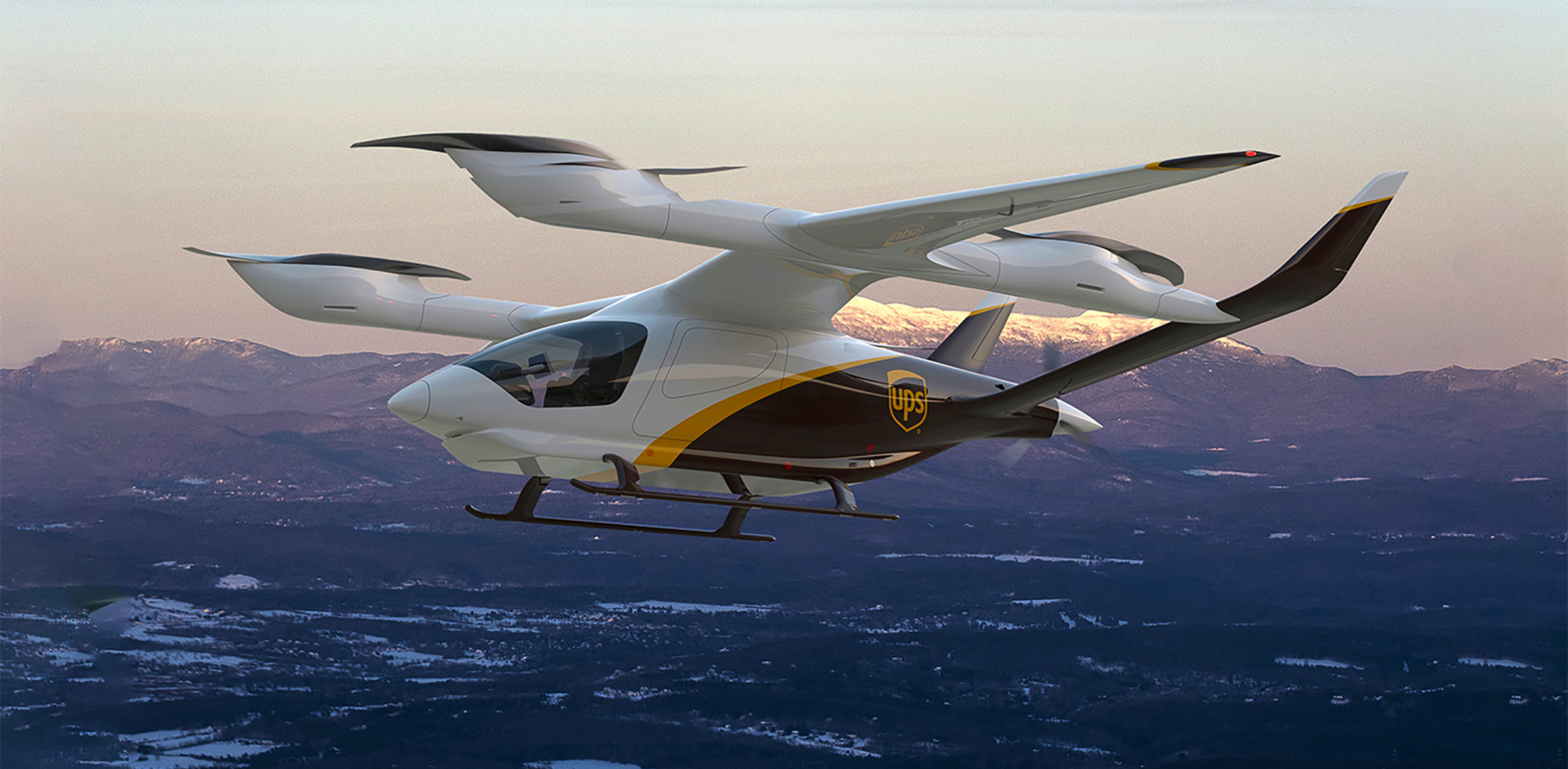 An artist's rendering of a Beta Alia-250 eVTOL aircraft with a UPS logo in flight