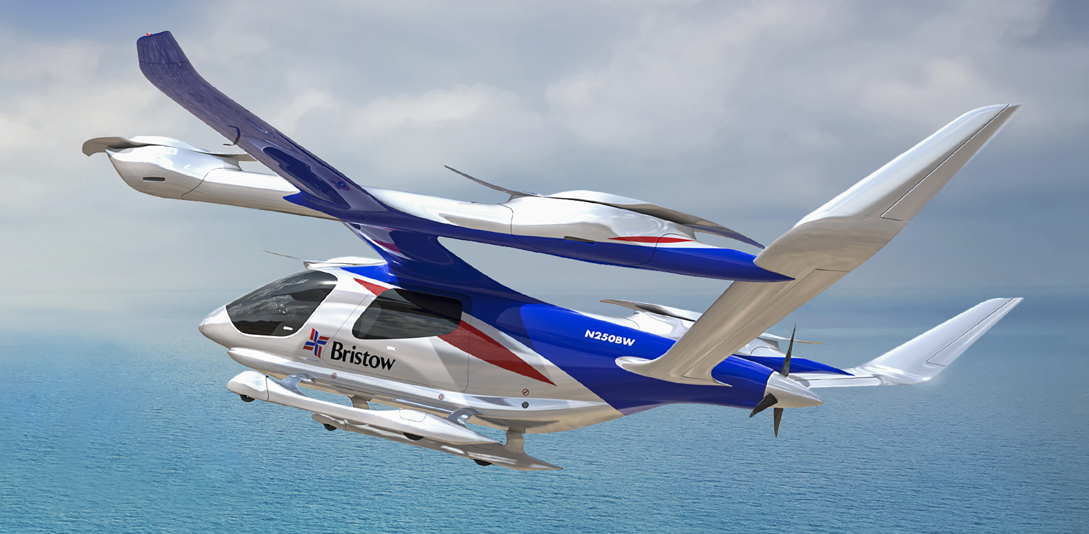 An artist's rendering of a Beta Alia 250 eVTOL aircraft with a Bristow logo in flight