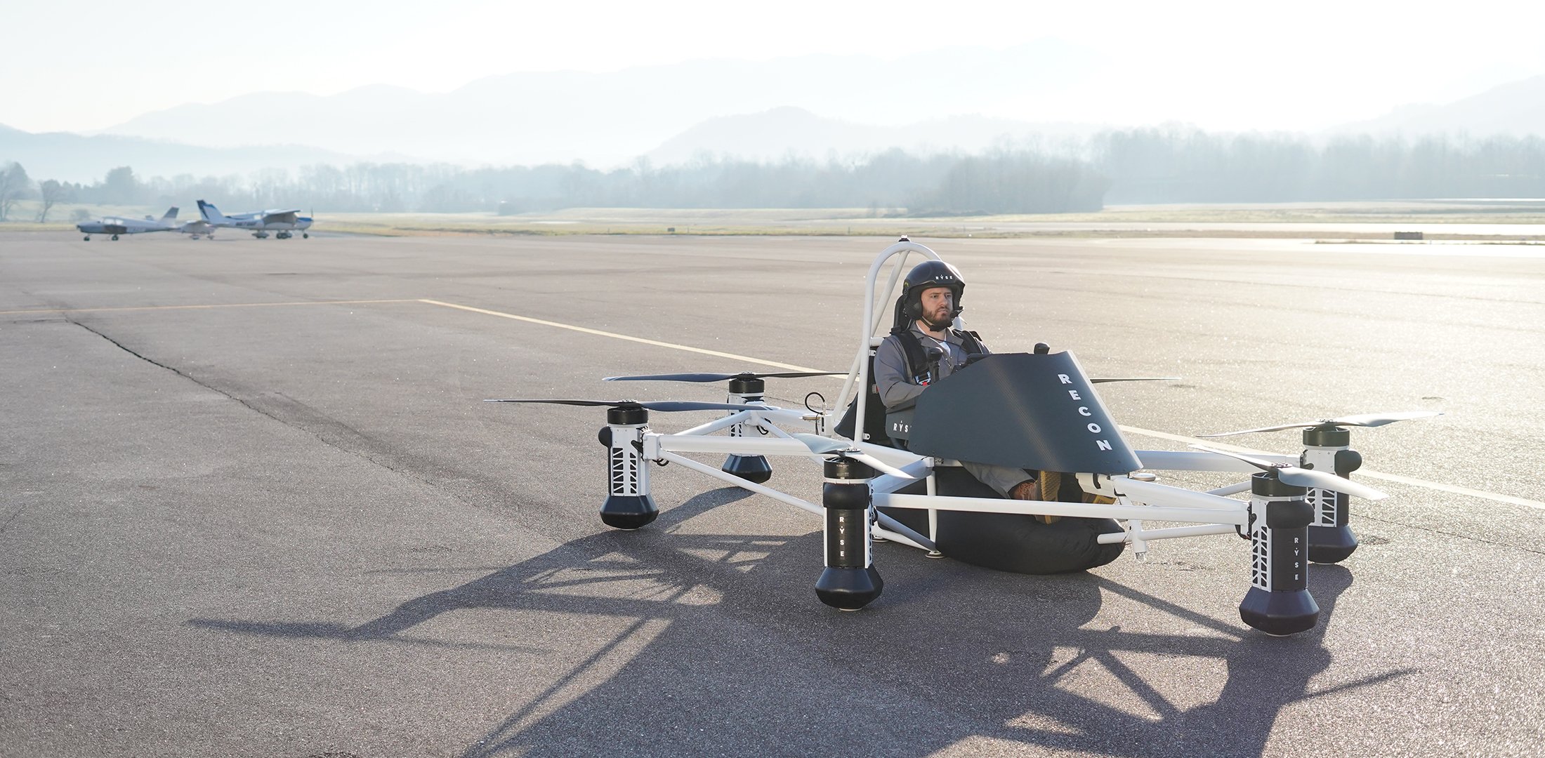 Ryse's piloted Recon eVTOL is pictured on the tarmac during a flight testing campaign in the summer of 2022.