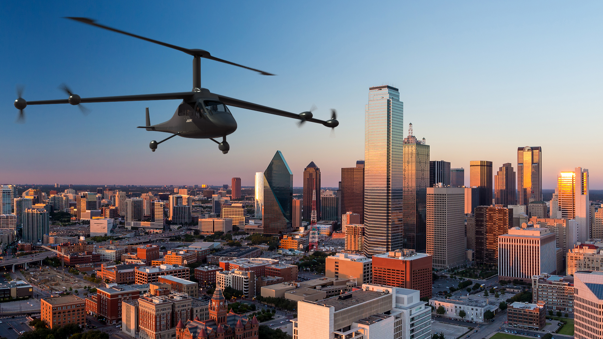 Jaunt's Journey eVTOL aircraft operating over a city center.