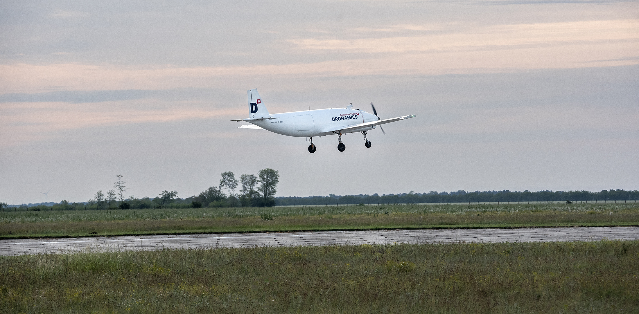 A Dronamics Black Swan cargo aircraft takes flight