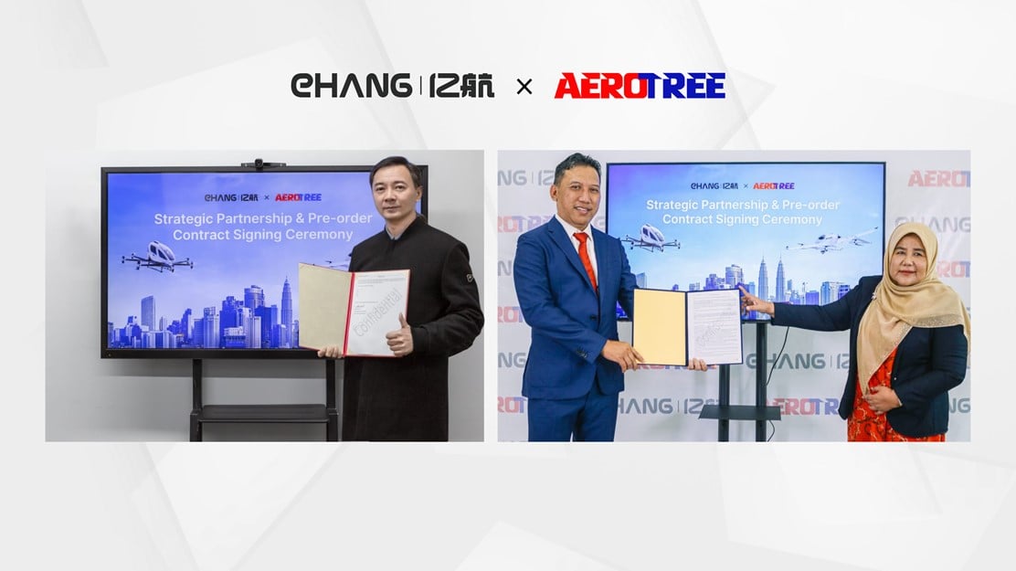 EHang and Aerotree executives signed an agreement covering pre-orders of eVTOL aircraft.