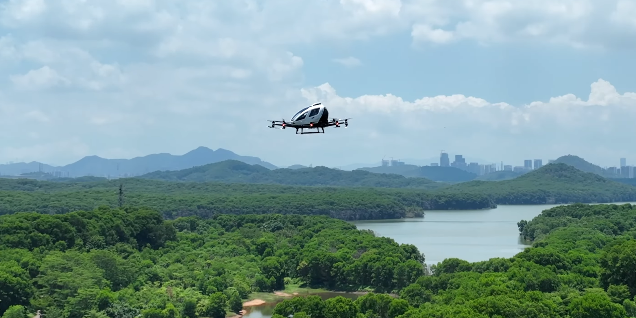 EHang's EH216-S aircraft is pictured in flight over Shenzhen