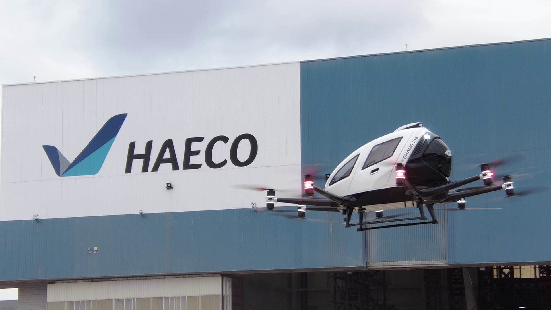 EHang EH216-S AAV performs a demo flight at Haeco facilities in Xiamen.