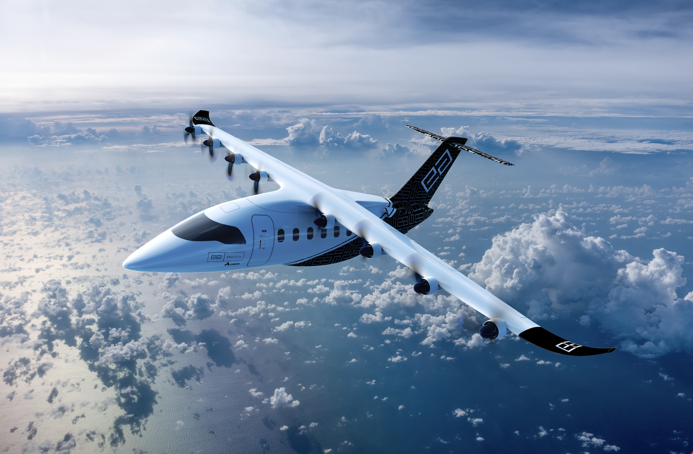 A digital rendering of Aura Aero's ERA aircraft in flight