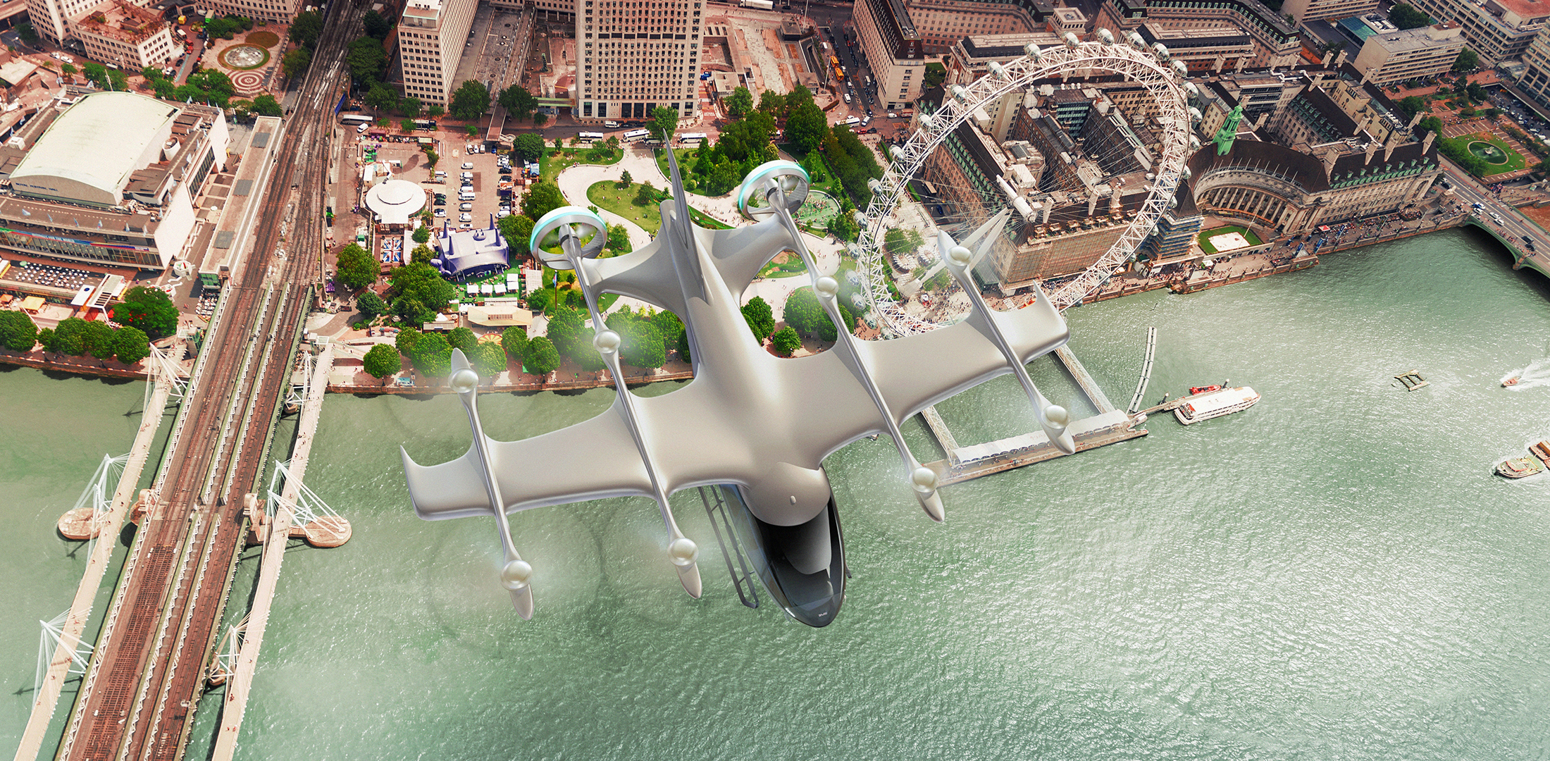 An artist's rendering of Eve's eVTOL flying over London