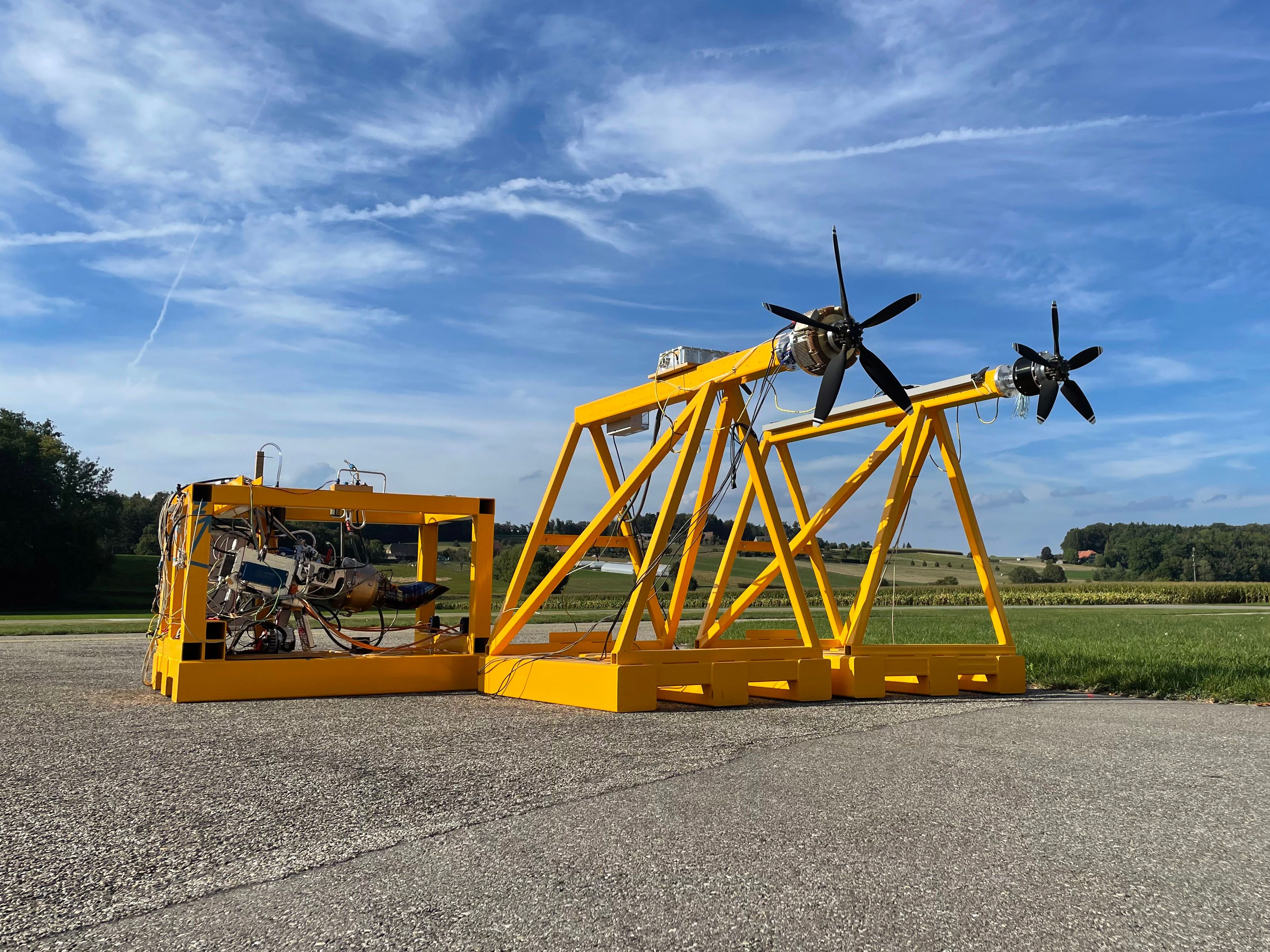 Electra's hybrid-electric propulsion demonstrator in its test stand.