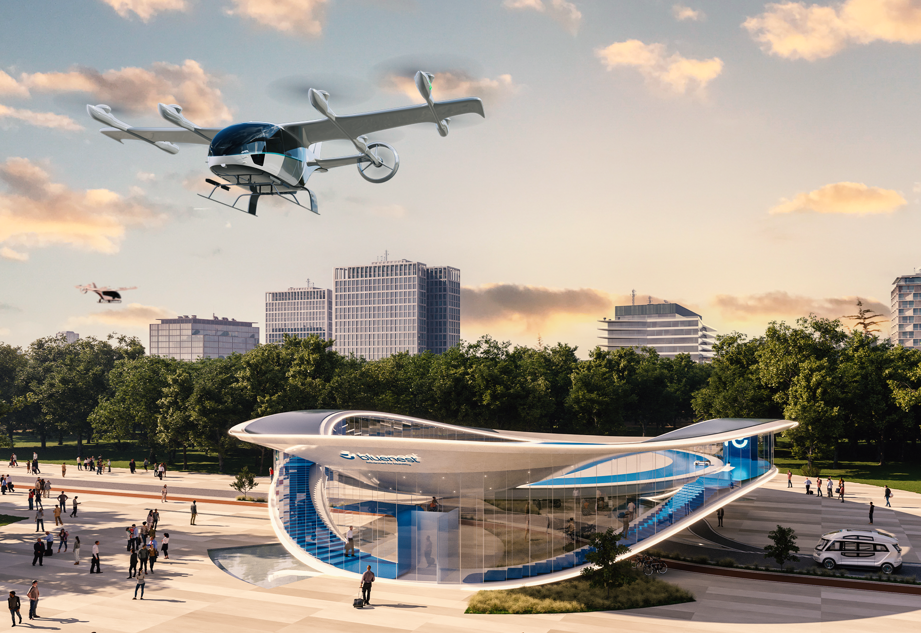 Vertiport group Bluenest is working with Eve Air Mobility to develop software for urban air traffic management.