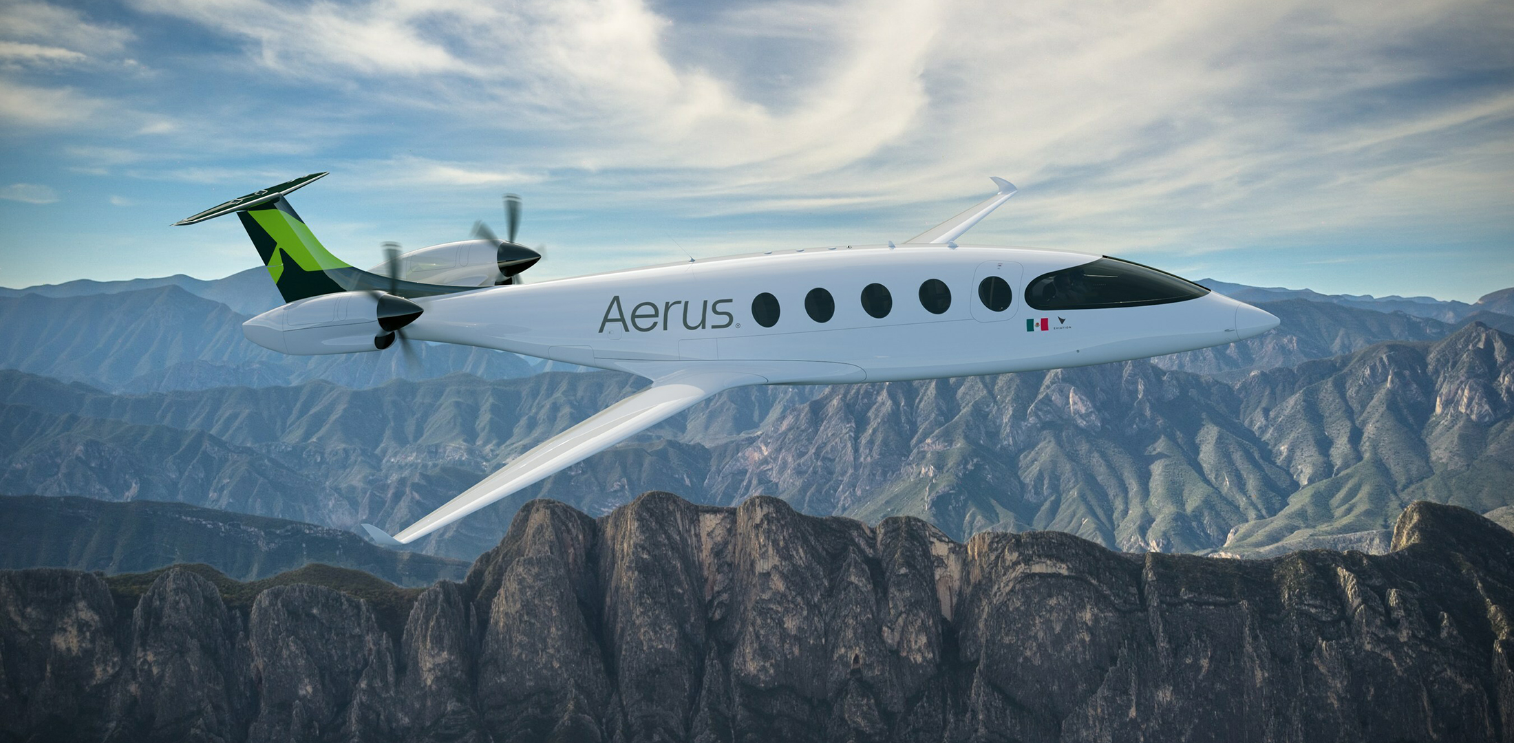 A rendered image of an Eviation Alice commuter airplane with an Aerus logo flying over Mexico.