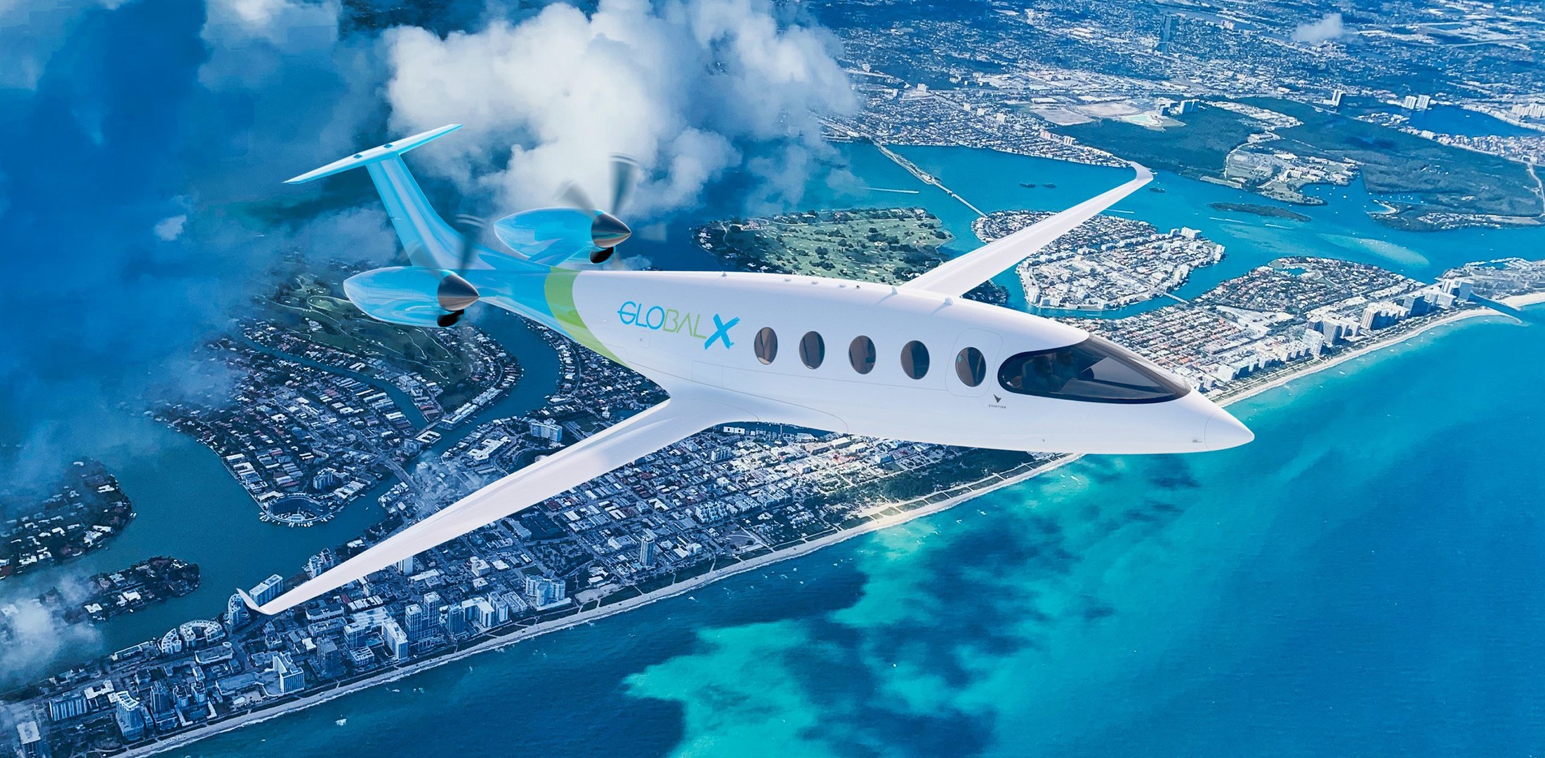 An artist's rendering of an Eviation Alice aircraft with a GlobalX logo flying over Florida.