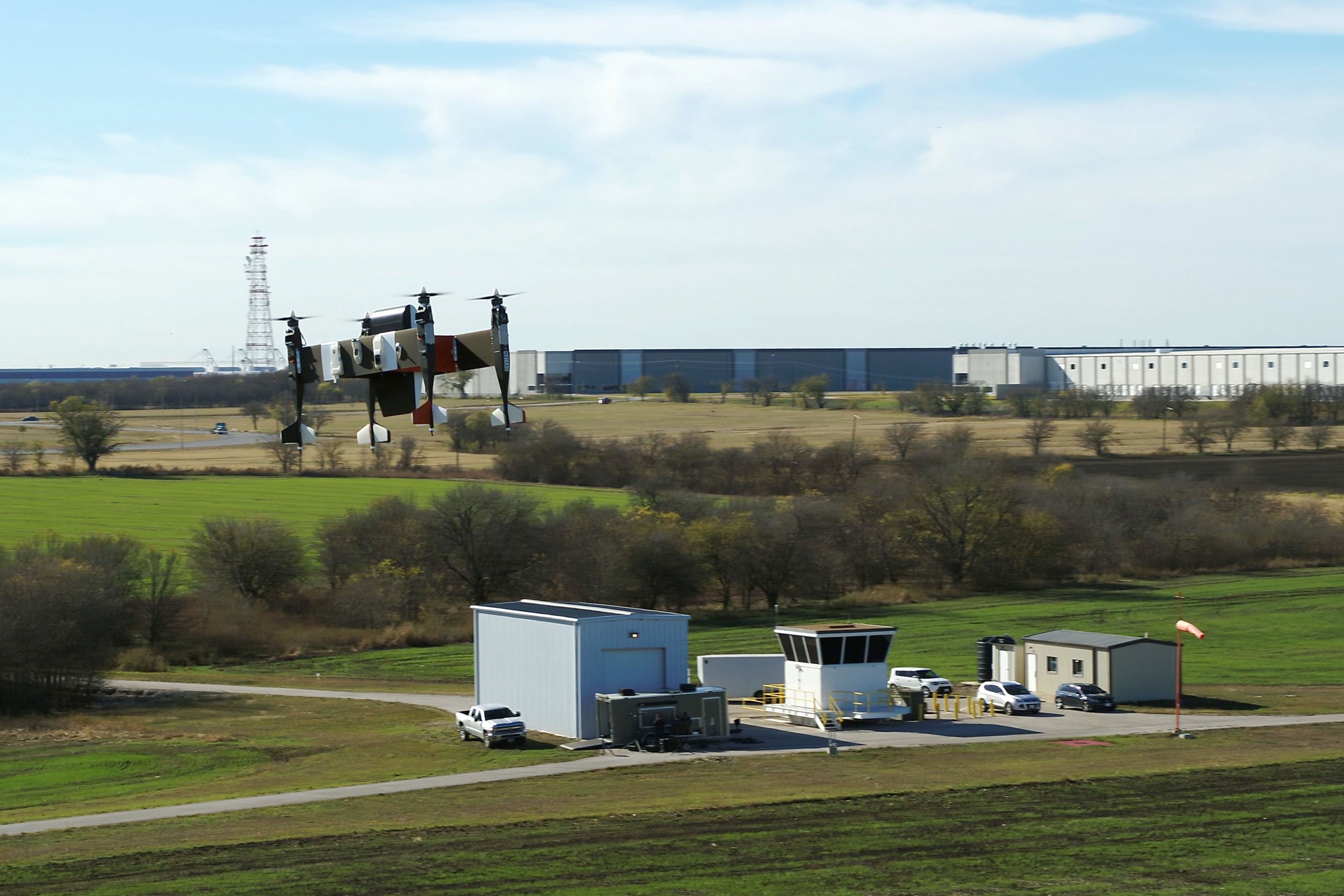 Bell flight testing its Autonomous Pod Transport vehicle at the Mobility Innovation Zone at Alliance Airport in Texas.