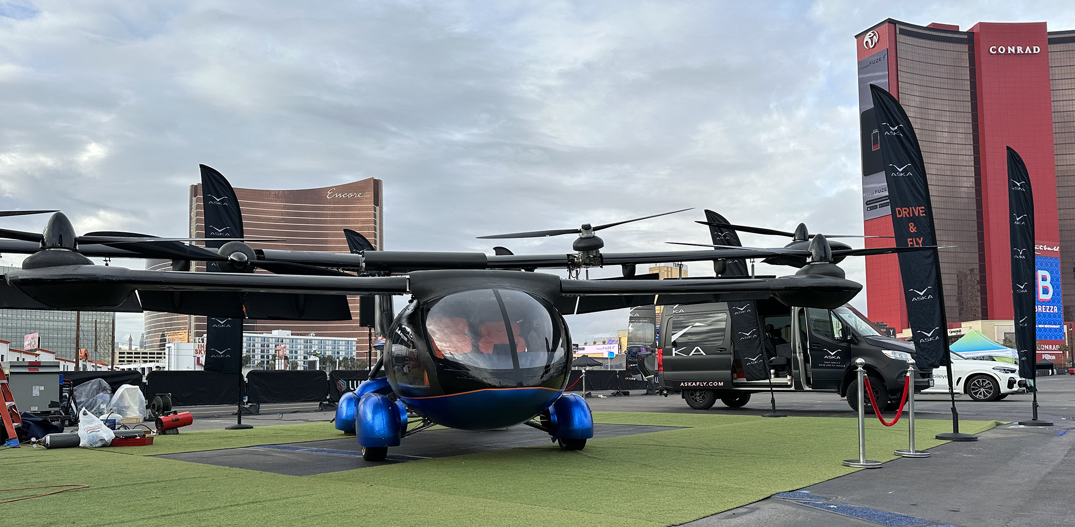 NFT's Aska A5 "flying SUV" on display outside the 2023 Consumer Electronics Show in Las Vegas.