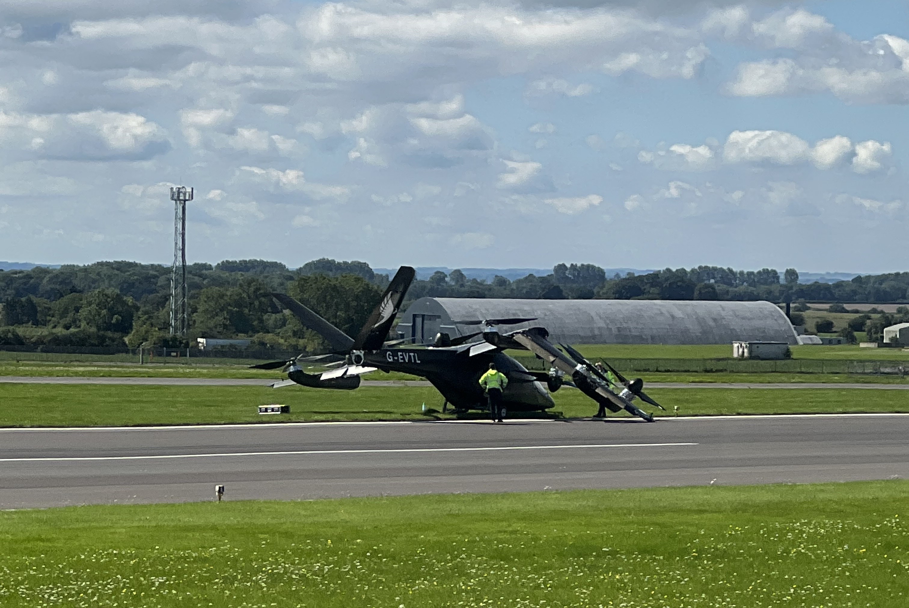 Vertical Aerospace's VX4 eVTOL prototype was damaged during a flight test accident on August 9 at Cotswold Airport in the UK. (