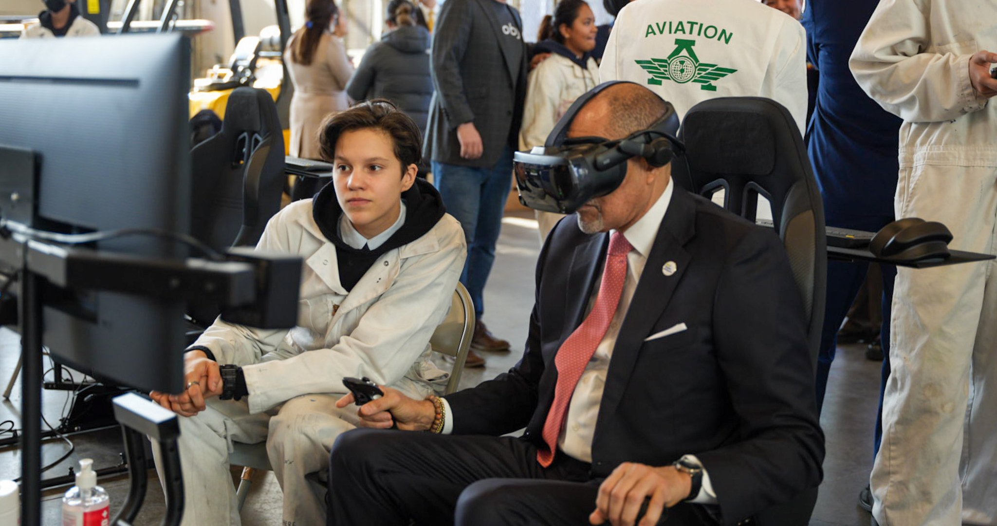 Chancellor of New York City Schools David Banks meets with students of Aviation High School to celebrate the partnership with Joby Aviation.