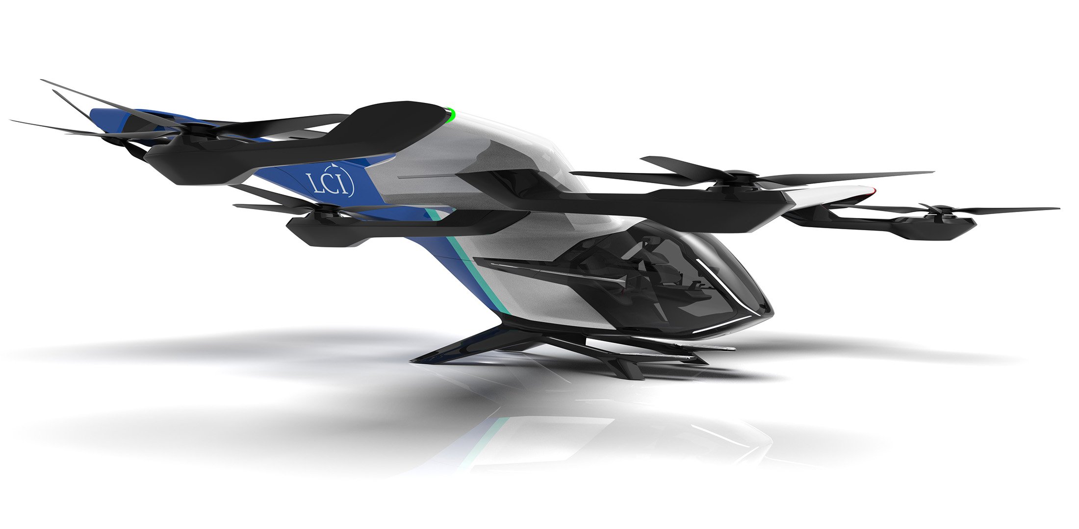 A digital rendering of a CityAirbus NextGen eVTOL aircraft with LCI livery