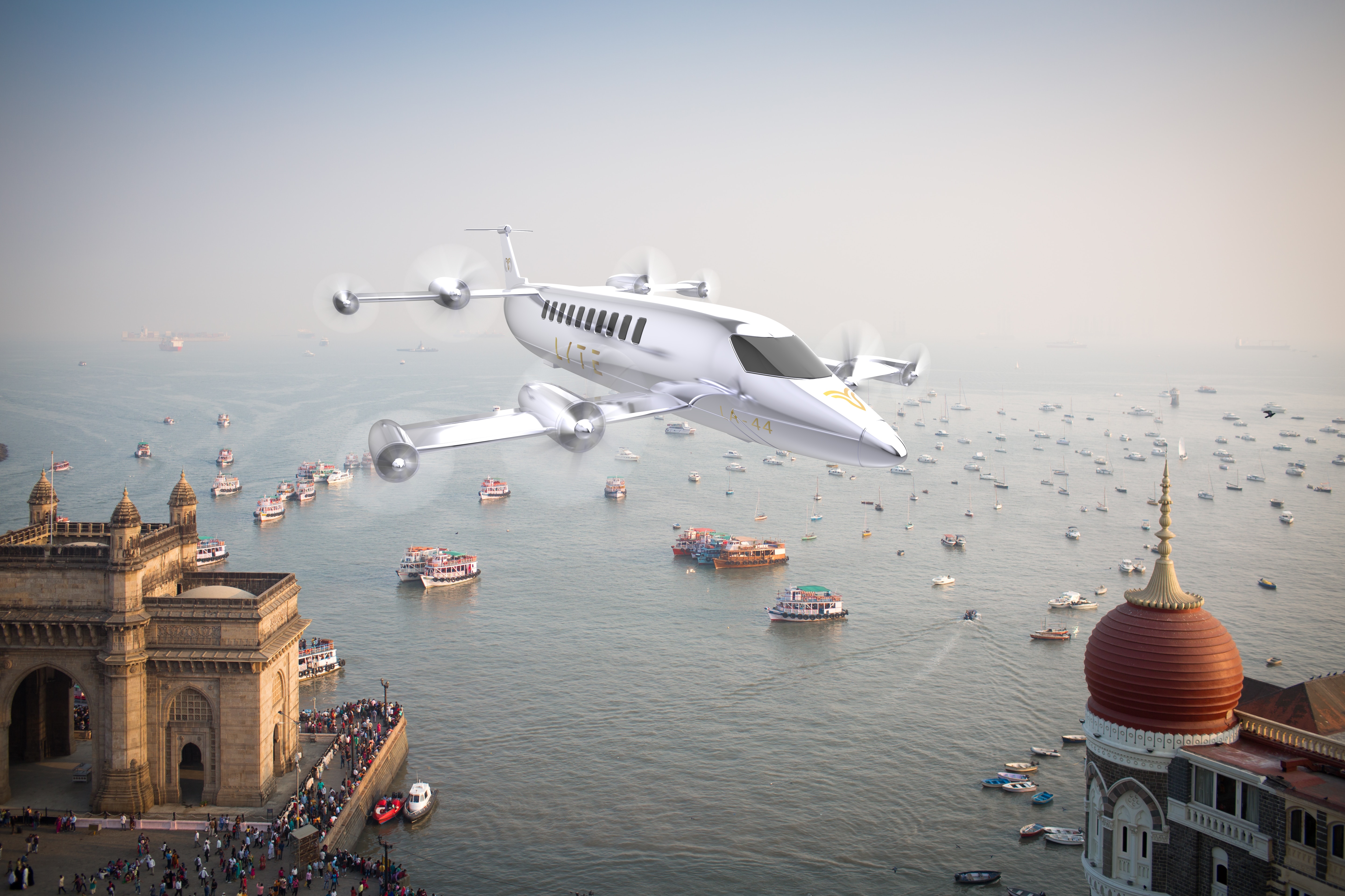 Lyte Aviation's SkyBus LA-44 hybrid-electric VTOL aircraft in Mumbai, India.