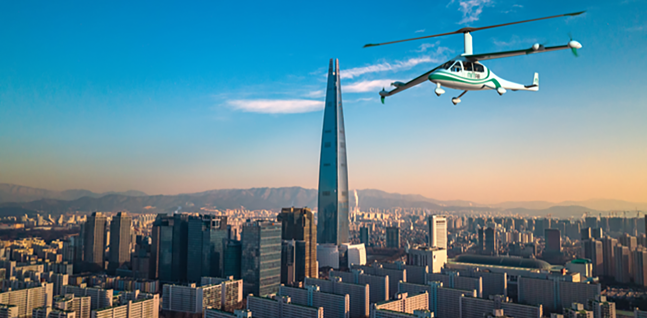 An artist's rendering of a Jaunt Journey eVTOL air taxi flying over Seoul, South Korea