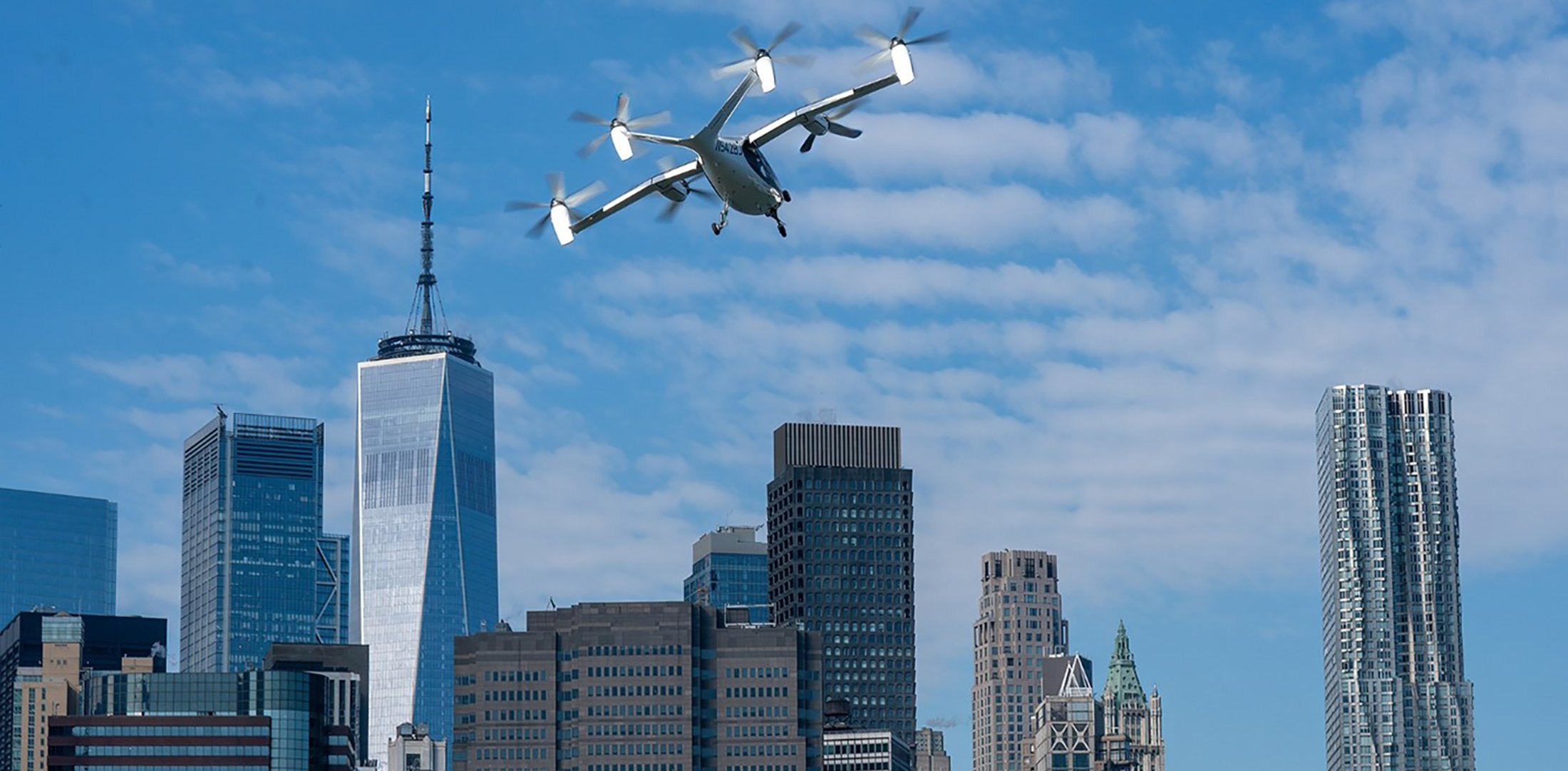 Joby’s four-passenger eVTOL aircraft is pictured during a demonstration flight over New York City