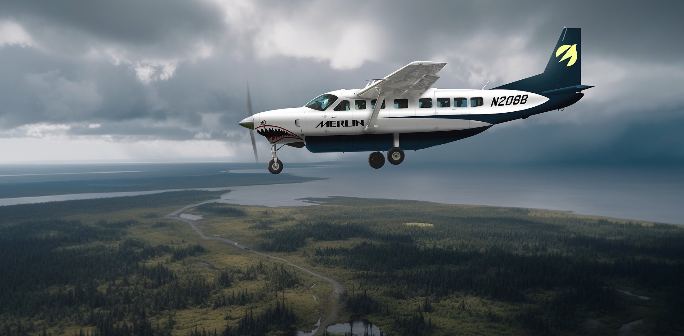 A digital rendering of a Merlin airplane flying over Alaska.