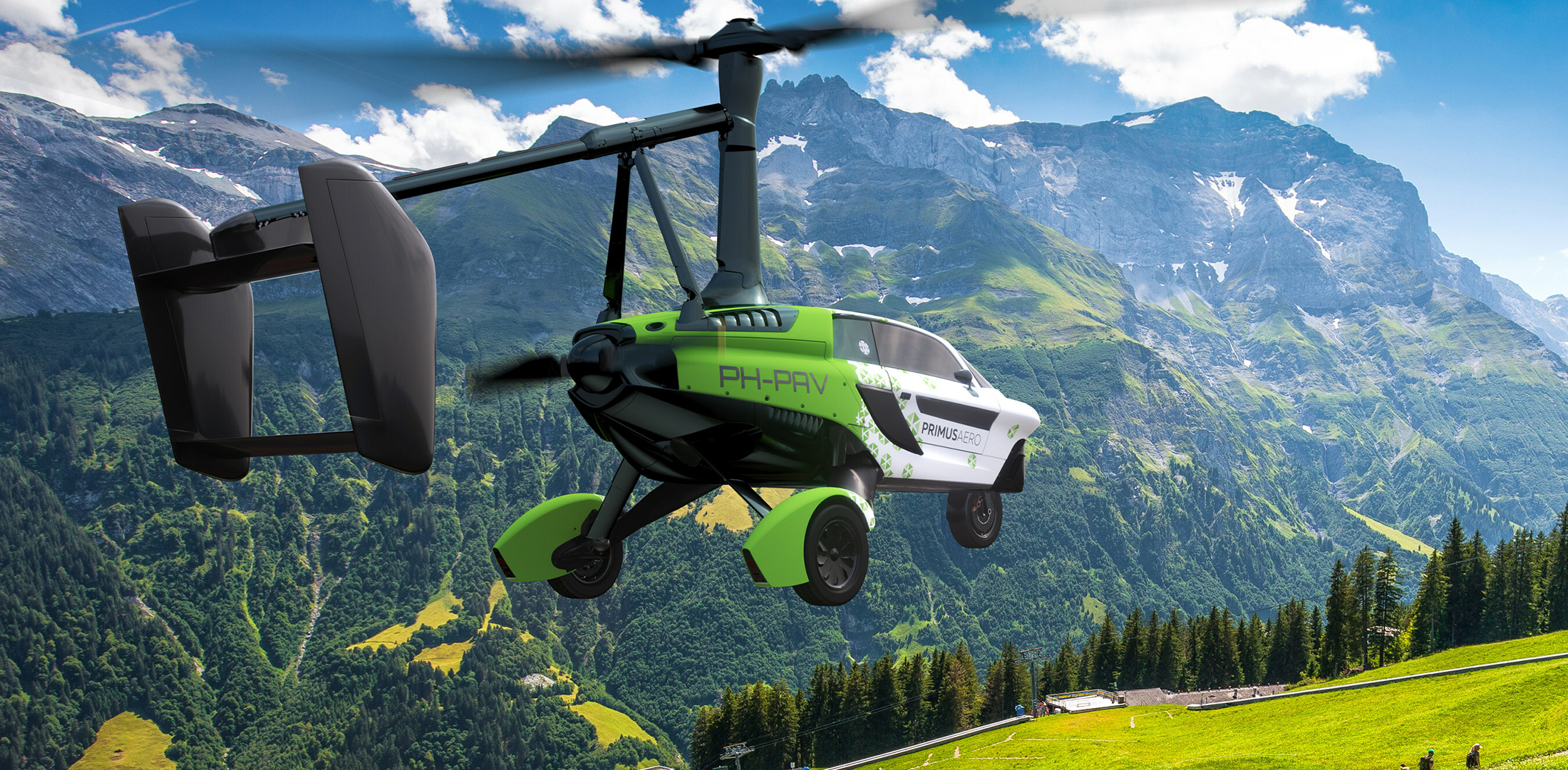 A digital rendering of a PAL-V Liberty flying car flying over mountains in Austria