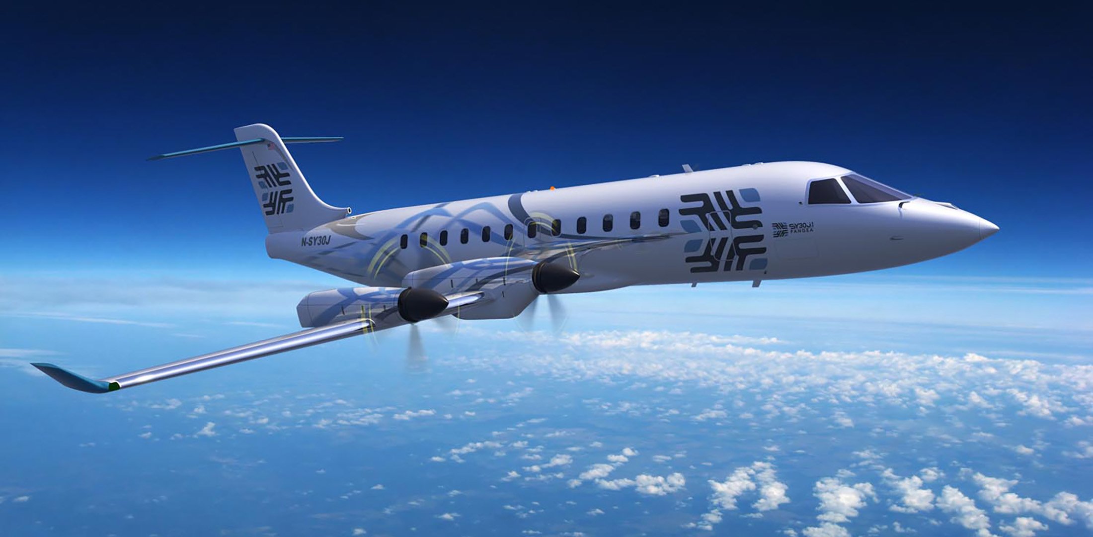 A digital rendering of The AirCraft Company's hybrid-electric SY30J regional airliner in flight