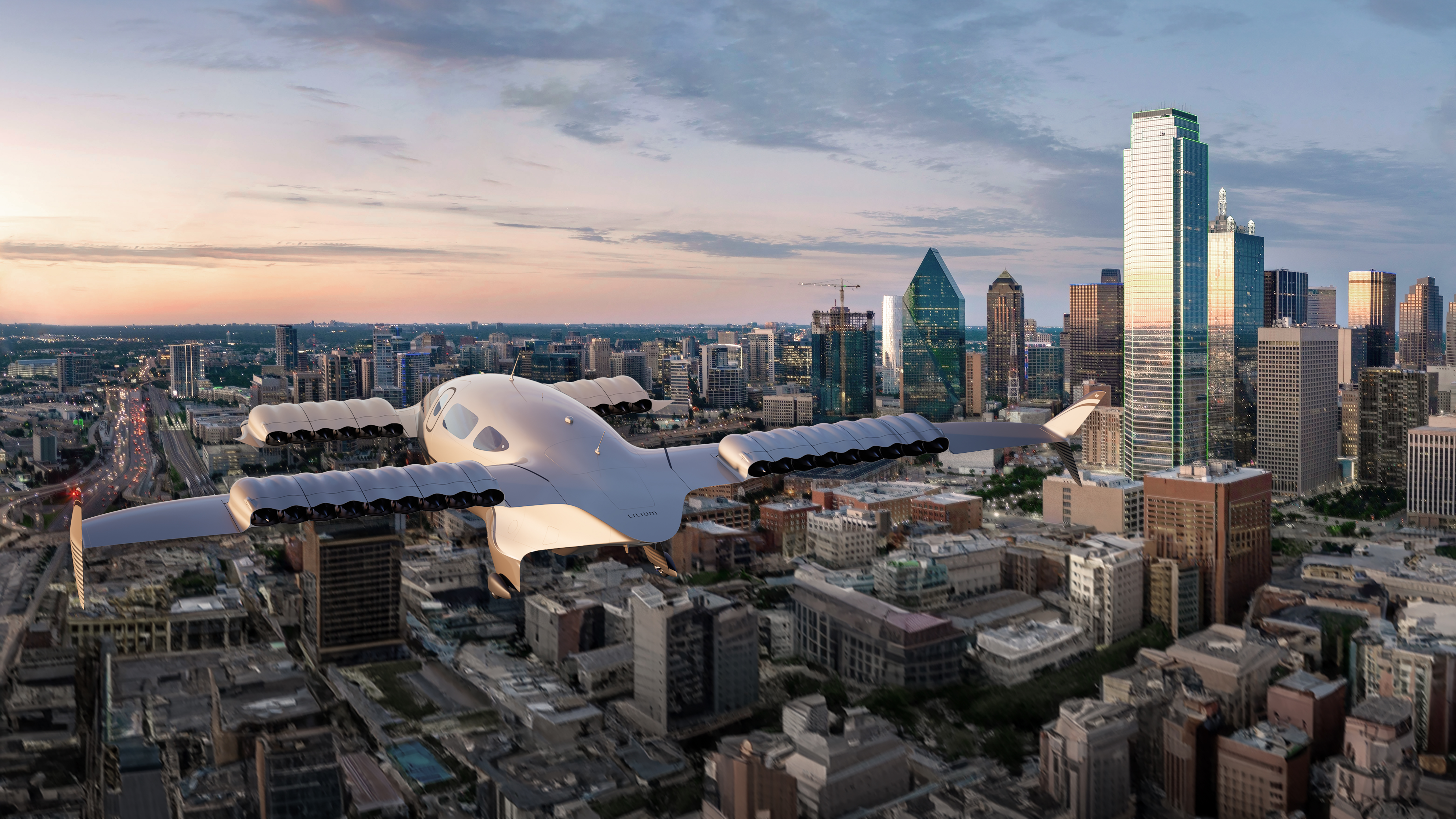 Lilium Jet eVTOL aircraft flying over Dallas