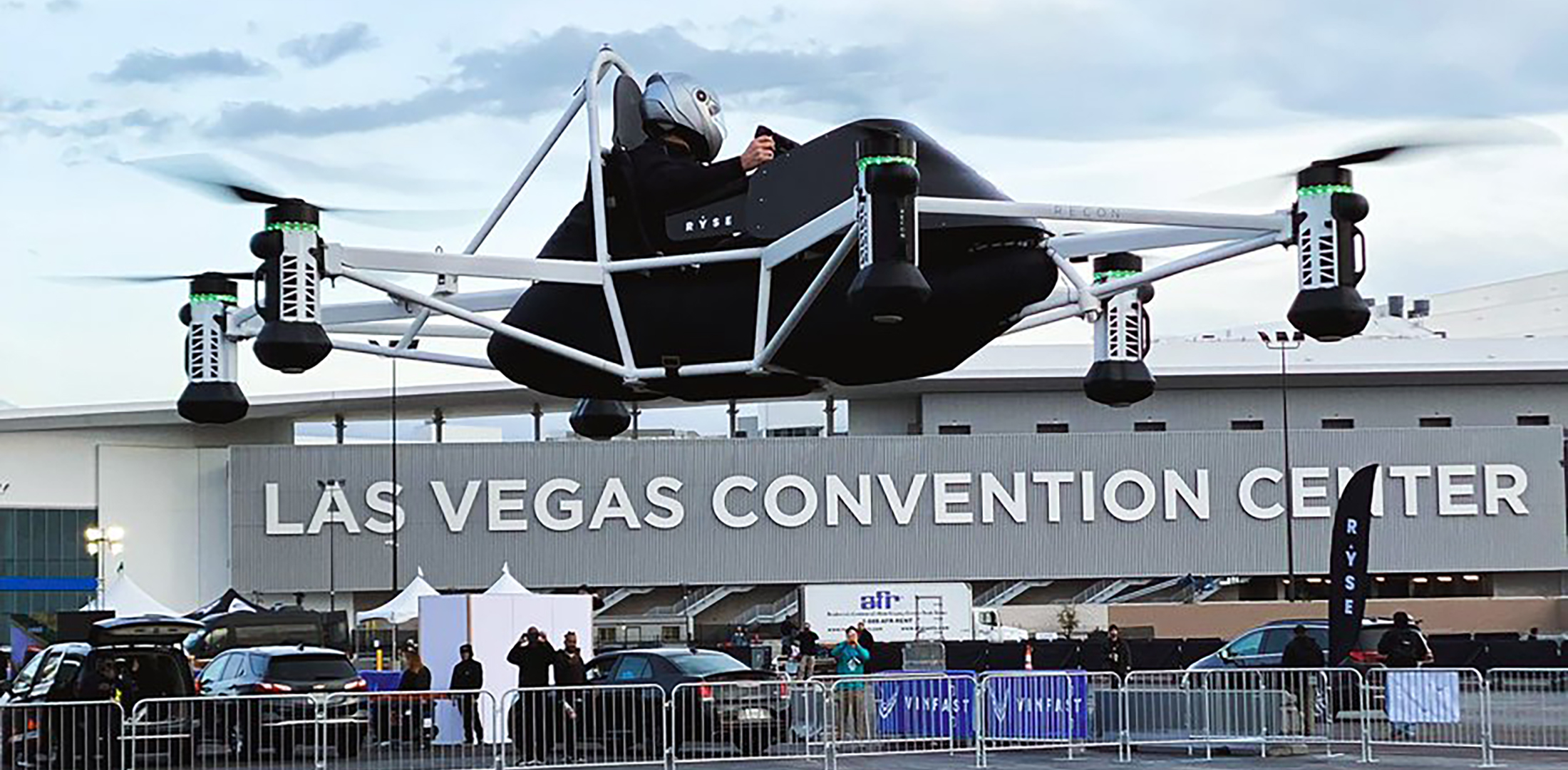 The Ryse Recon ultralight eVTOL aircraft is pictured during a demonstration flight outside the Las Vegas Convention Center during the 2023 Consumer Electronics Show (CES), on January 5.