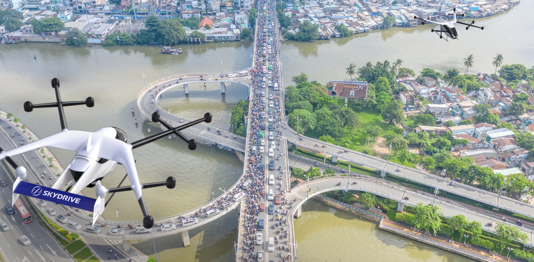 SkyDrive's SD-05 eVTOL aircraft flies over Vietnam in this artist's rendering.