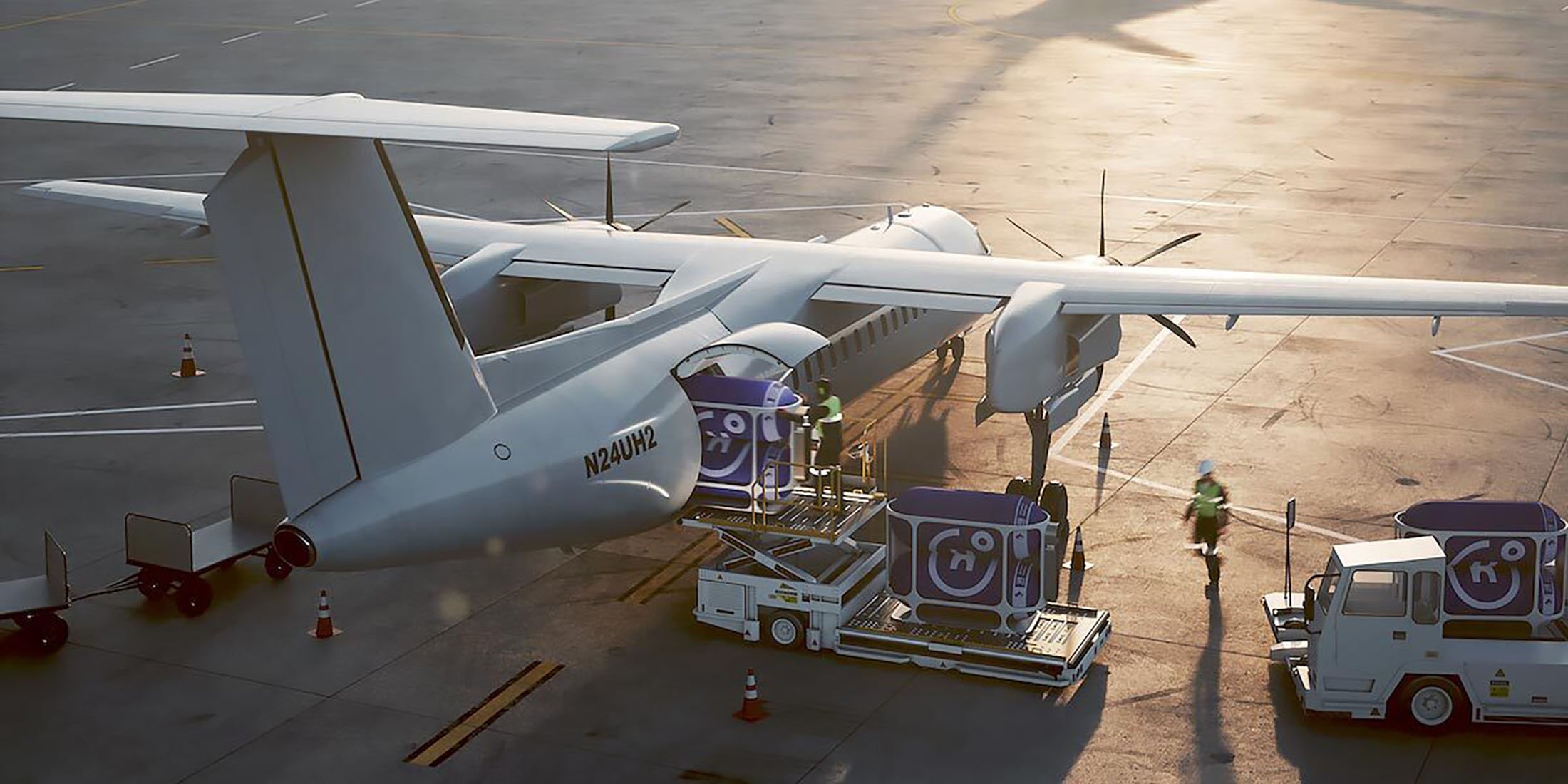 A computer-generated rendering shows crews loading hydrogen fuel pods developed by Universal Hydrogen into a twin-engine turboprop.