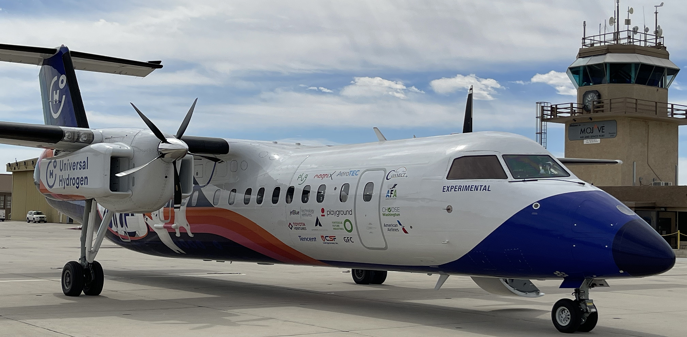 Universal Hydrogen's Dash 8 is pictured on the runway