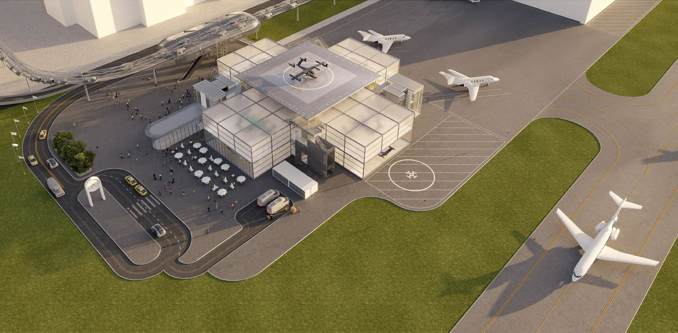 A digital rendering of Urban-Air Port's Next-Generation AirOne Vertiport at an airport location.