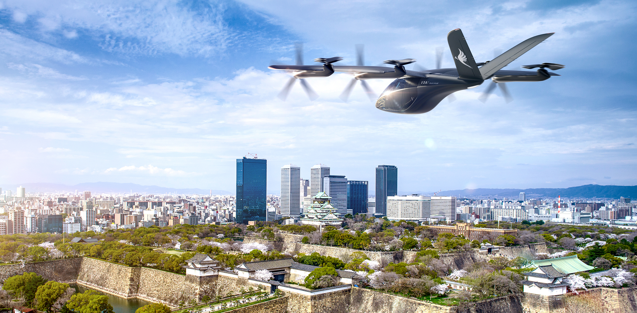 An artist's rendering of Vertical's VX4 eVTOL flying over Osaka, Japan.