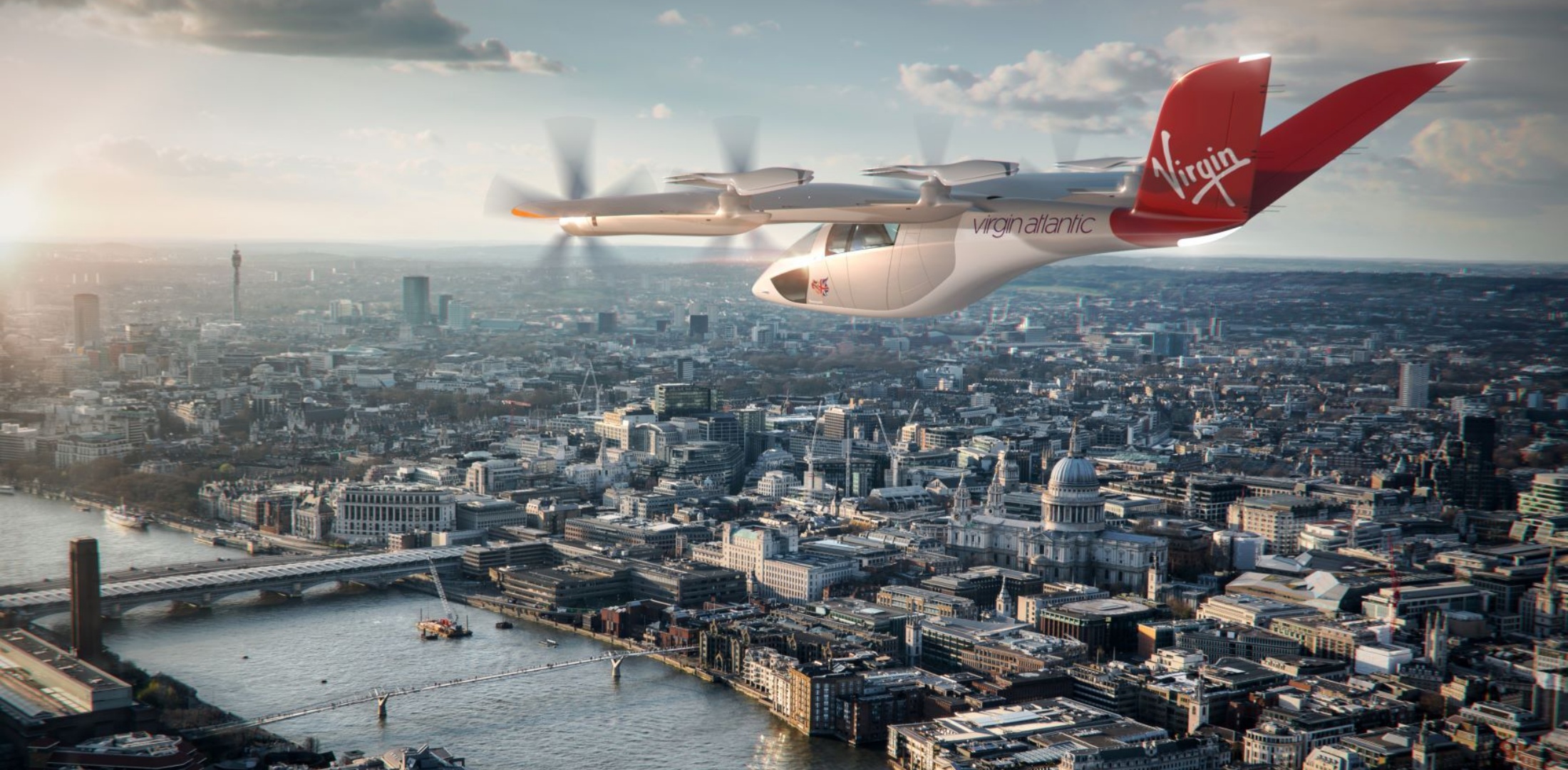 A Vertical VX4 eVTOL operated by Virgin Atlantic flies over the UK.