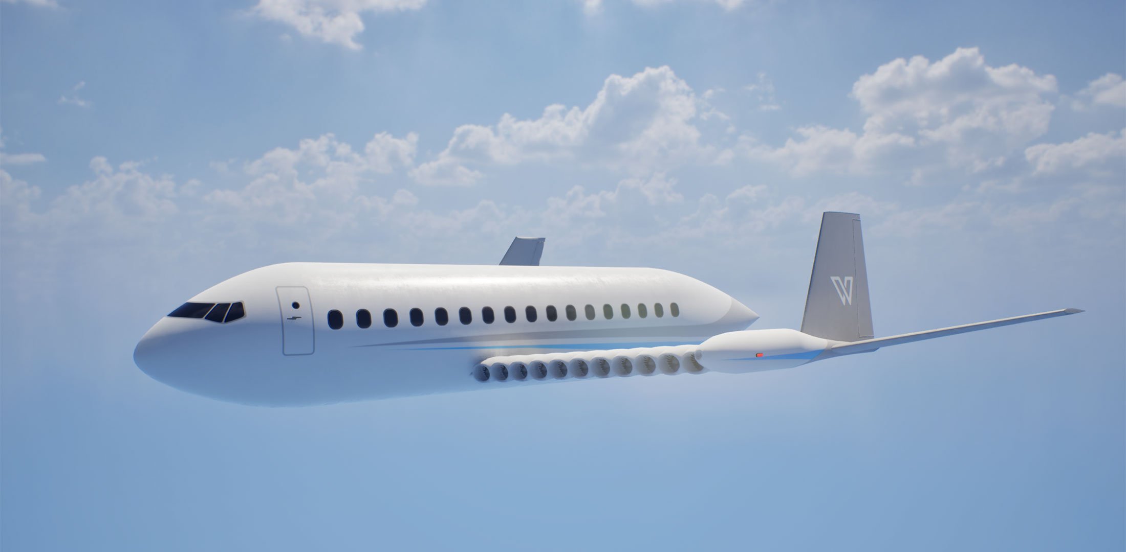 A digital rendering of the Whisper Jetliner in flight