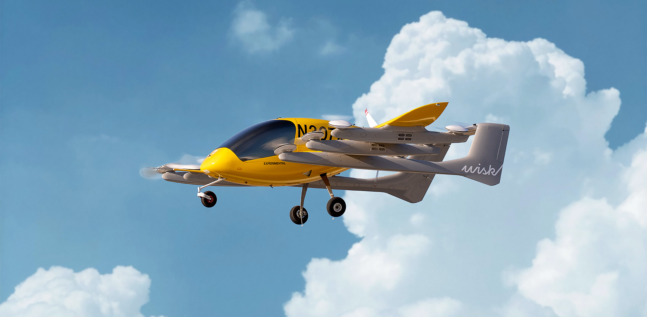 A Wisk eVTOL air taxi prototype is pictured during flight.