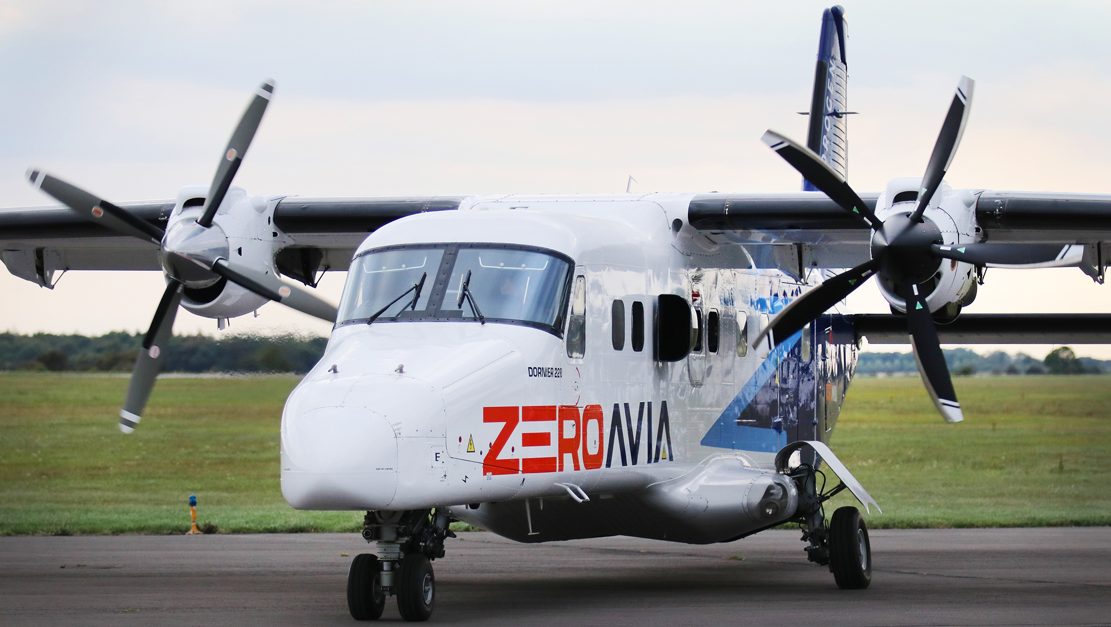 A converted Dornier 228 with ZeroAvia's ZA600 hydrogen-electric propulsion system is pictured on the runway.