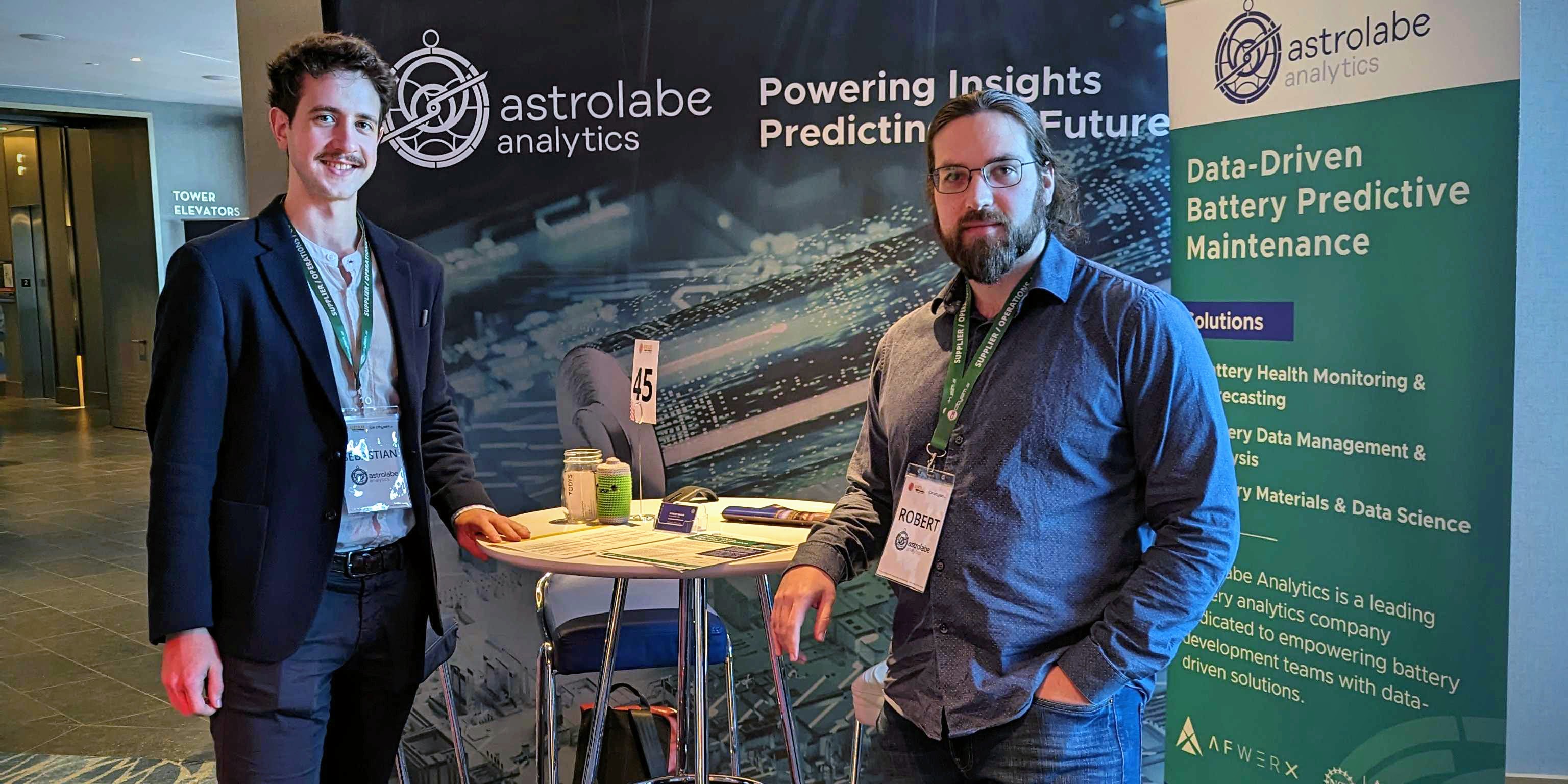 Sebastian Kuhn, head of product at Astrolabe, and company founder and CEO Robert Masse are pictured at the Astrolabe booth at the Airtaxi World Congress in San Francisco.