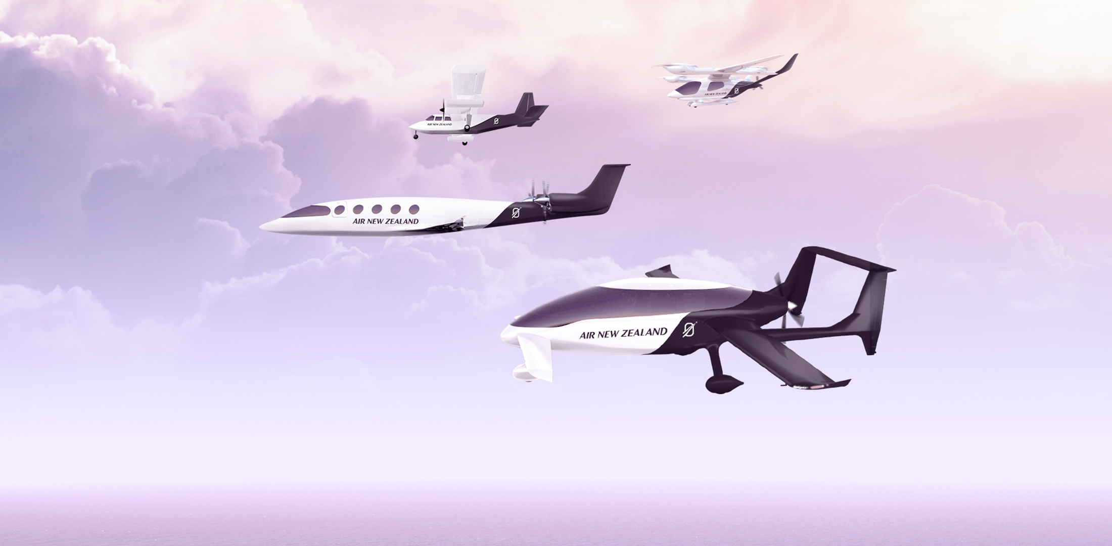 A digital rendering shows four aircraft in Air New Zealand paintwork: a VoltAero Cassio 330 aircraft, Eviation's Alice, Beta's Alia-250 eVTOL, and a CAeS hydrogen-powered Islander