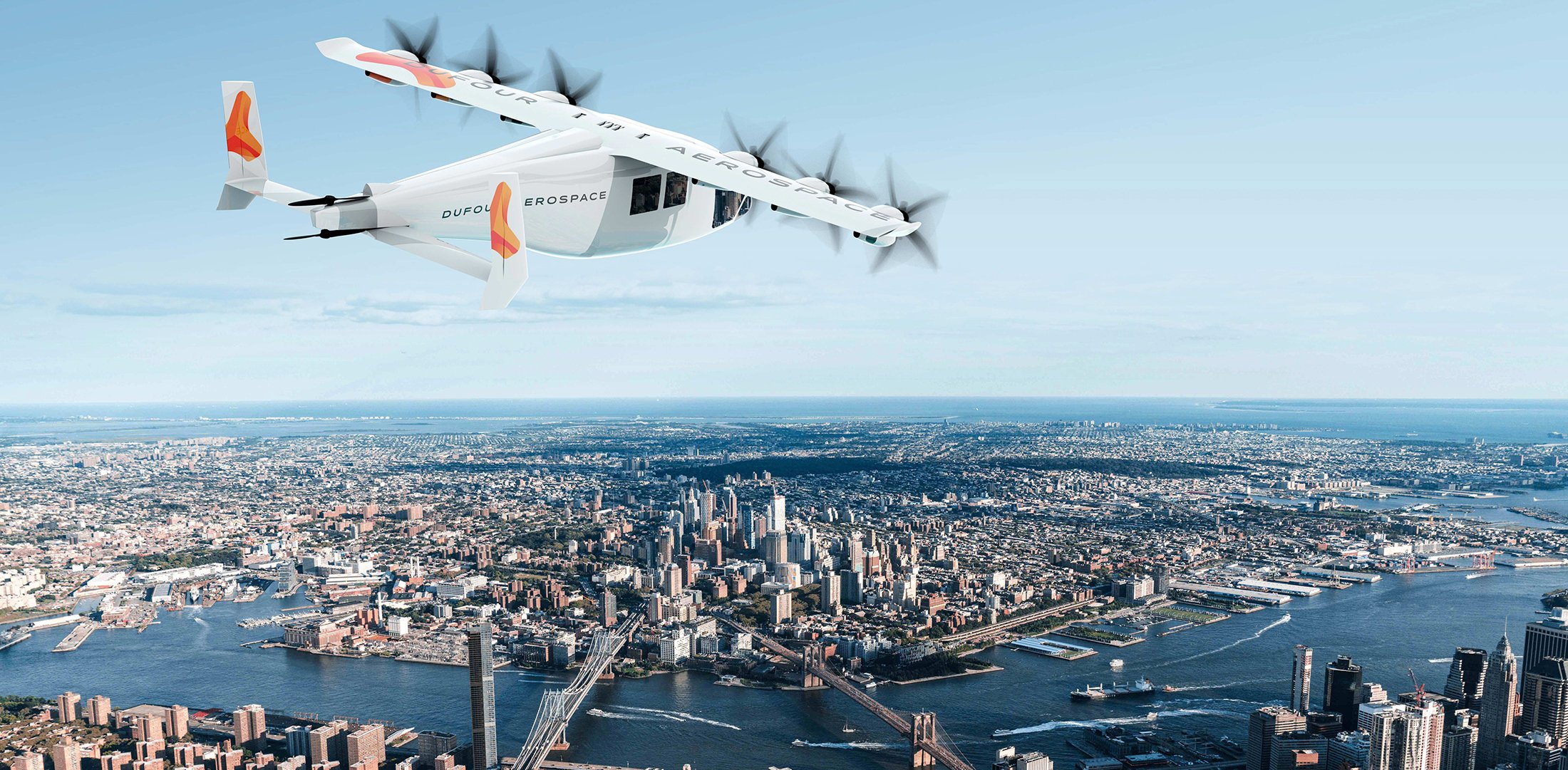 An artist's rendering of Dufour's Aero3 flying over New York City.