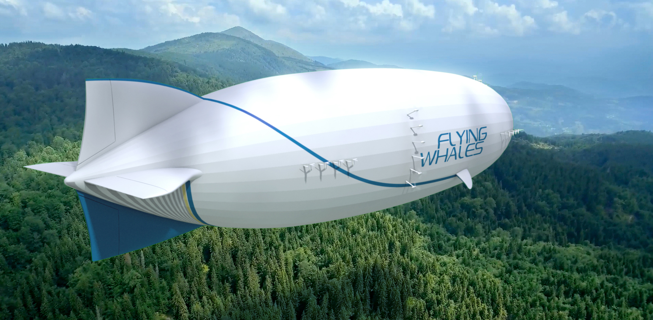 A rendered image of Flying Whales' LCA60T heavy-lift airship