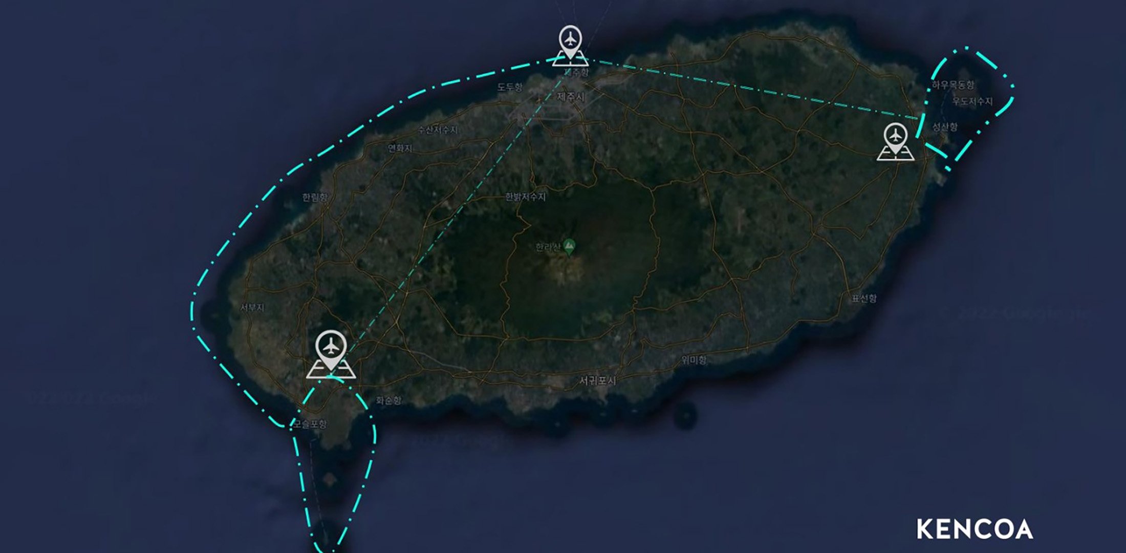 This map shows the eVTOL air taxi routes that will connect Jeju Island’s popular tourist spots.